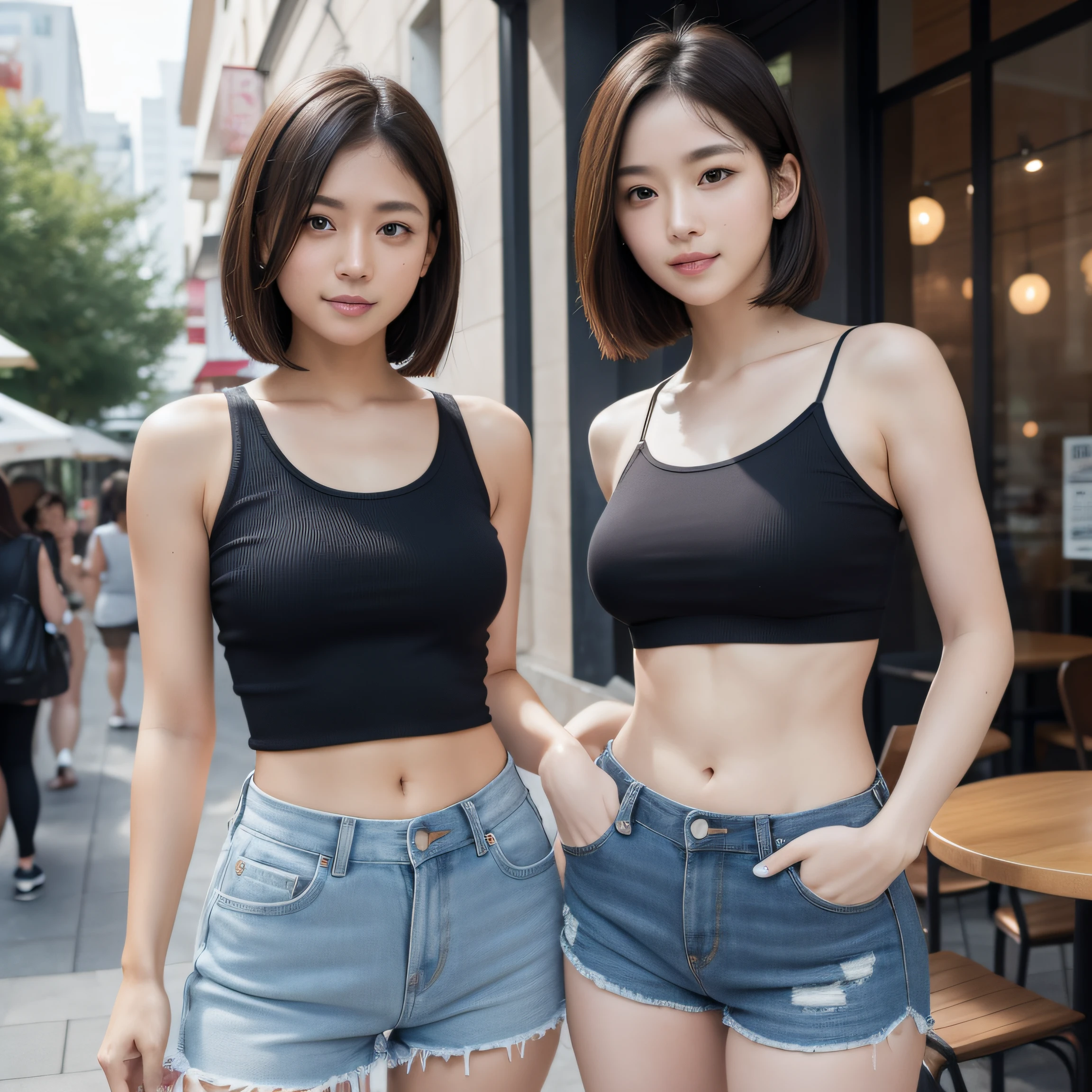 8K, masterpiece, best quality, photo realistic, ultra-detailed, 2 girls, Asian, athletic body, realistic skin texture, 1 long hair, 1 short hair, (breasts:1.0), (smile:1.0), gaze at viewer, tube top, cropped T-shirt, skinny T-shirt, tight tank top, hot pants shorts, micro mini skirt, movie lighting, face focus, fine eyes, detailed face, well lit face, day light, outdoor cafe in background, nice thighs