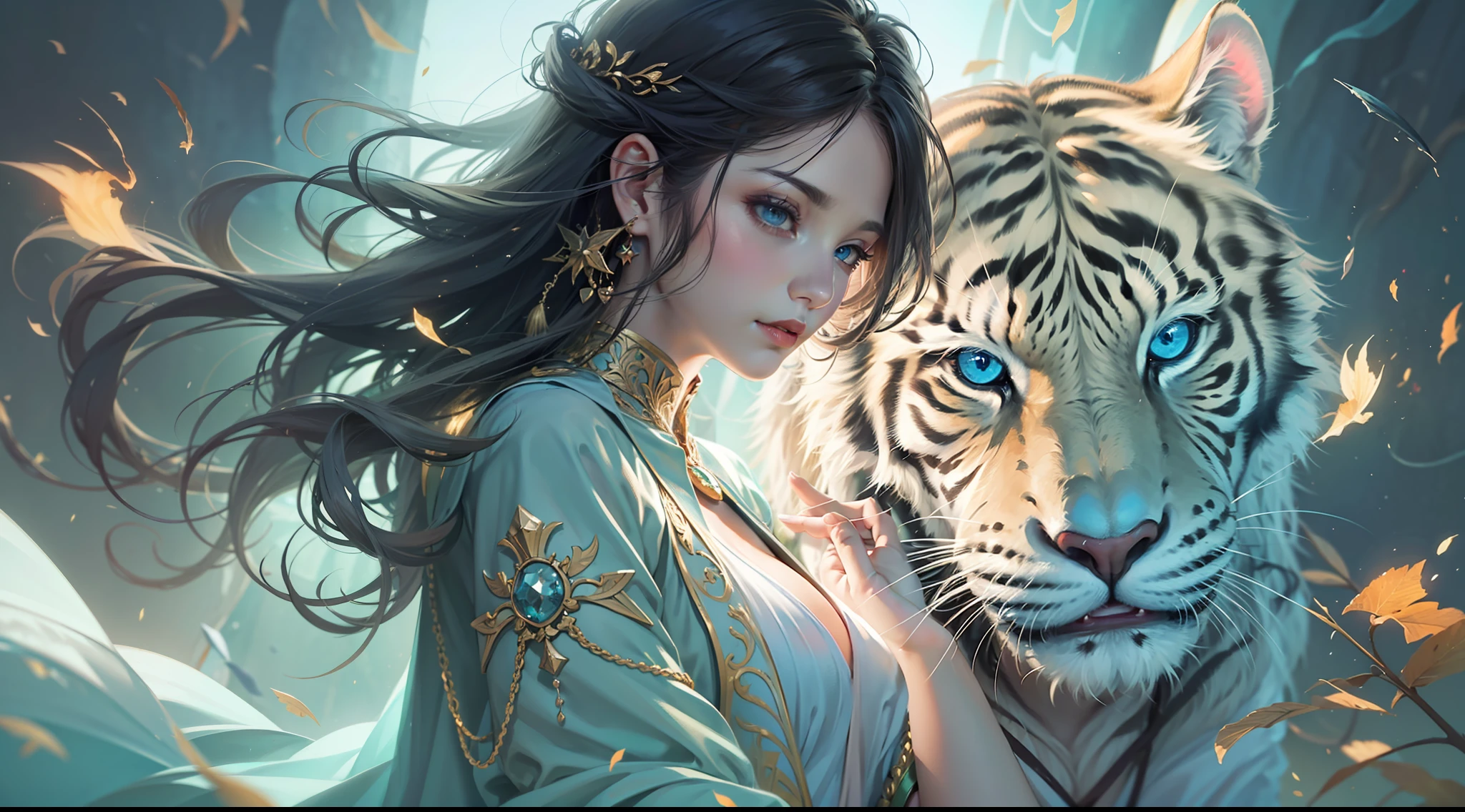 Magic Book,Blood,Night, Dark, (Fantasy),infinite,deep blue sky,The abyss of knowledge,Cowledge,((masutepiece)), (((Best Quality))),((Beautiful fine eyes)),(Eye lashes)、Beautiful girl riding a white tiger、(女の子1人)、Black hair、The long-haired、abyss eyes、glowy skin、oils、small tits、(Bird body、pluma)、Wizard robes、tattered cloth、Realistic coat、Teenchi、elvish、Super delicate CG Unity 32k wallpaper、​masterpiece, ((ultra-detailliert)), ((illustratio)),colourfull,wall-paper,The energy,Unknown terror,Incomprehensible,Around the magic,Magical surroundings,magic wands,Boken,Flying pages,Know everything,Predict the future、Get to know the past、Infinite wisdom、blue flames、Warlock、magic circles、Pentagram、Spells、mantra、Singing magic