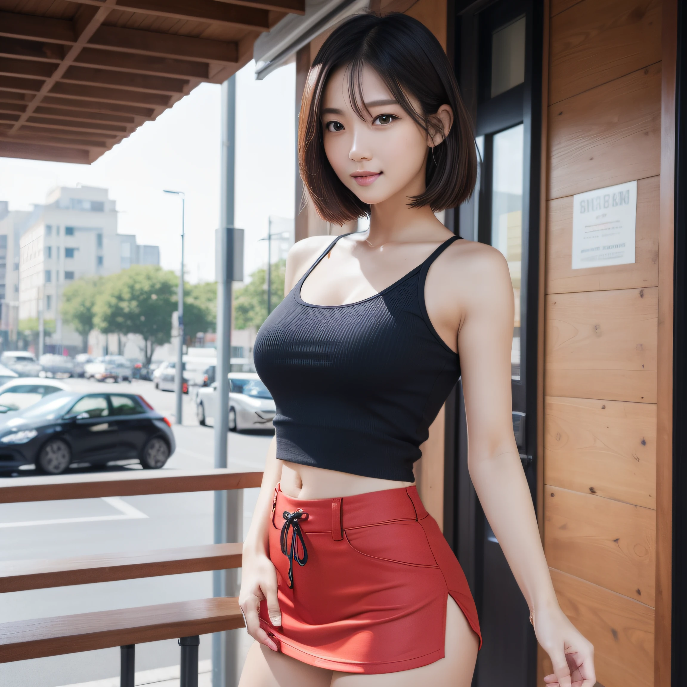 8K, masterpiece, best quality, photo realistic, ultra-detailed, 2 girls, Asian, athletic body, realistic skin texture, 1 long hair, 1 short hair, (breasts:1.0), (smile:1.0), gaze at viewer, tube top, cropped T-shirt, skinny T-shirt, tight tank top, hot pants shorts, micro mini skirt, movie lighting, face focus, fine eyes, detailed face, well lit face, day light, outdoor cafe in background, nice thighs