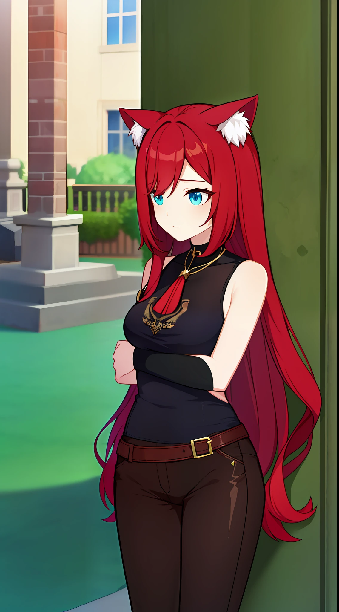 young girl, Long red hair, Cyan eyes, Cat's ears, Black leather t-shirt, Sleeveless, Outdoor Hivot, Tatoo, neckline on the chest, breeches, Masterpiece, hiquality