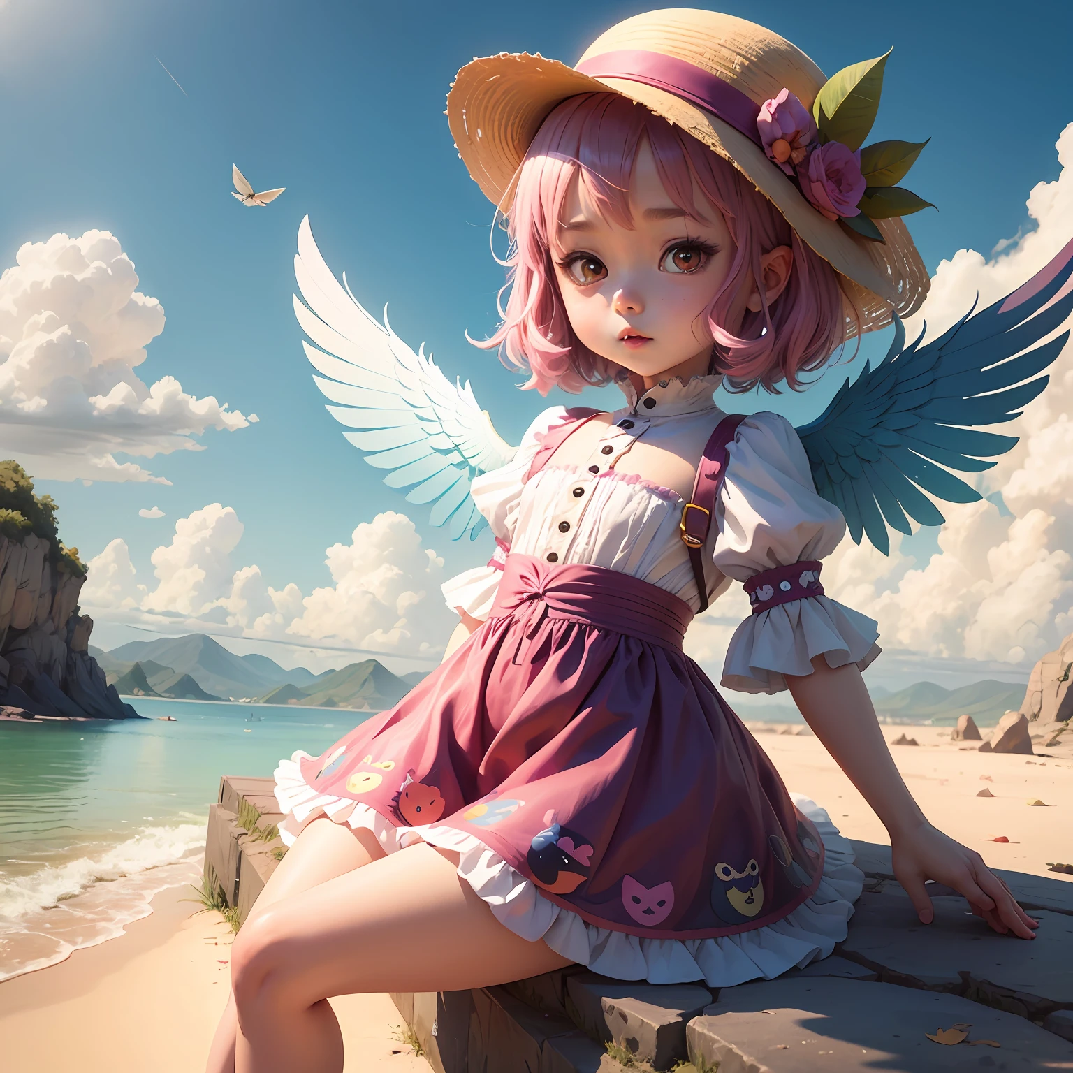A girl in a colorful hat and a dress with pairs of wings on her back, chibi girl,  in dress, loliwaii chibi, inspired by lyki, chibi art, inspired by Tahara Gu Soda, inspired by Yunduxue, inspired by Wang Lu --auto