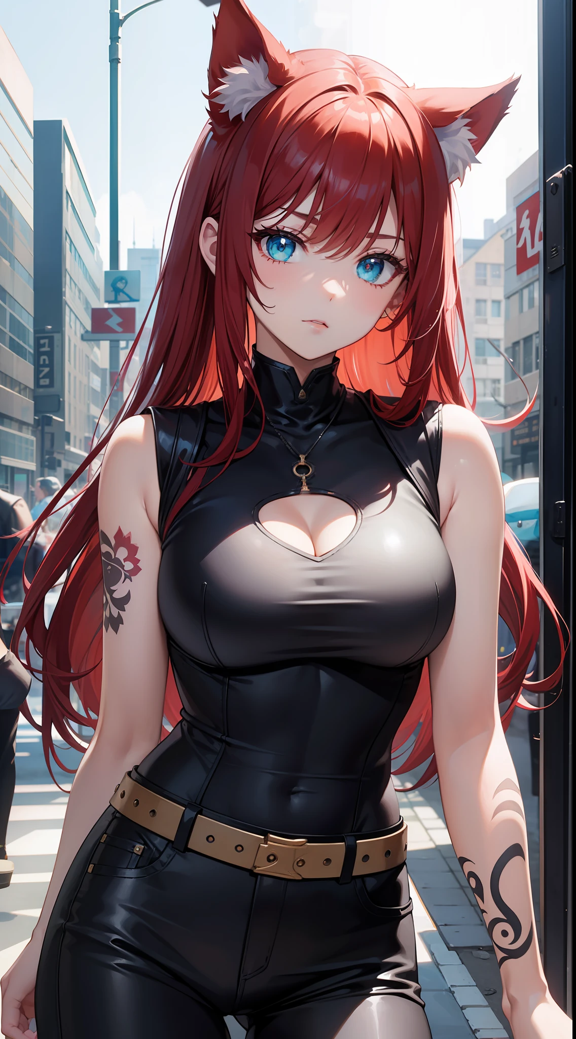 young girl, Long red hair, Cyan eyes, Cat's ears, Black leather t-shirt, Sleeveless, Outdoor Hivot, Tatoo, neckline on the chest, breeches, Masterpiece, hiquality