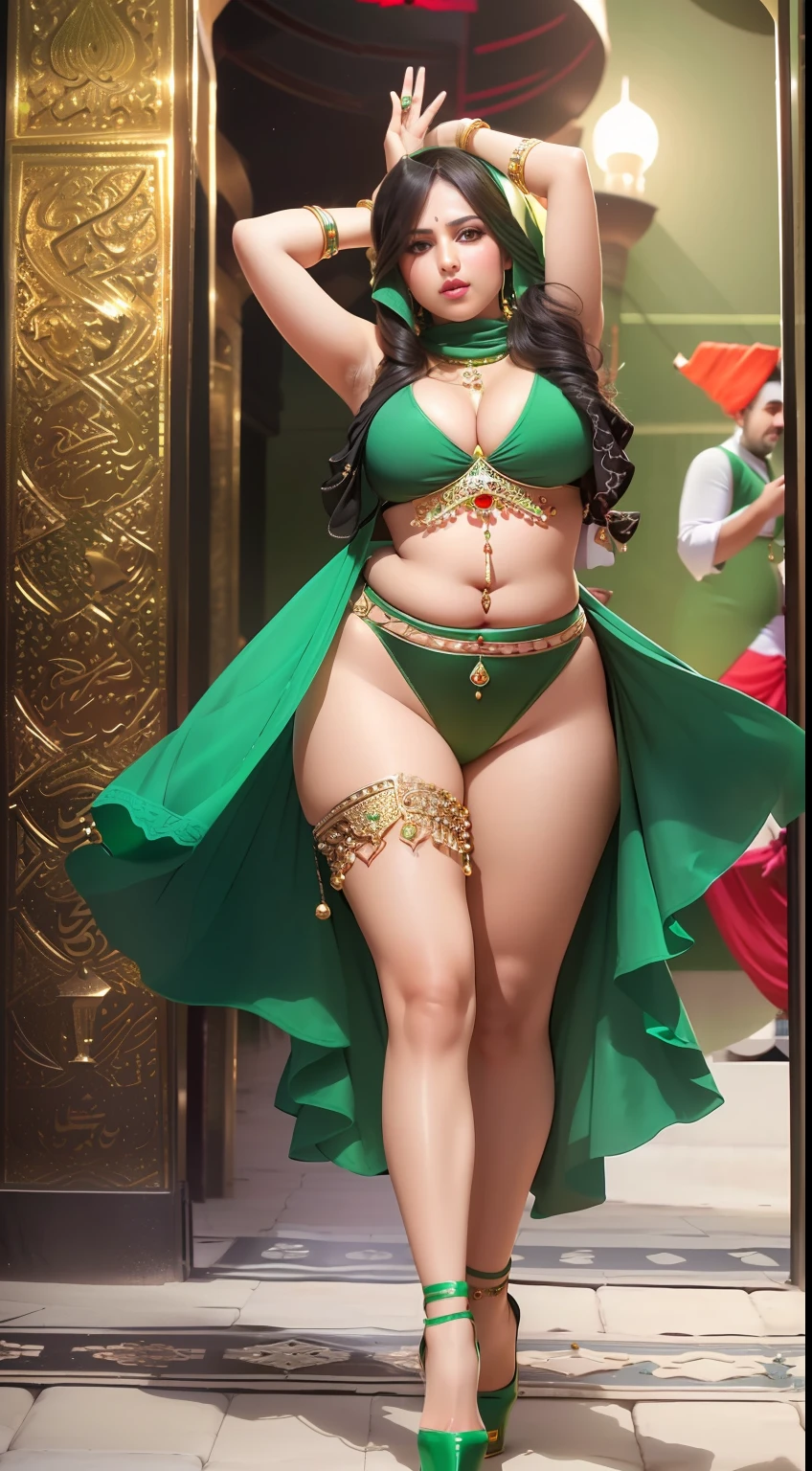 perfect face beautiful (arab:1.2) perfect full HDR body exposed midriff highleg curvy indian (armpits:1.4) bellydancer 8k chubby high res knees ankles , (plump:1.2) , cleavage cutout (shiny skin:1.2) (full body shot:1.5) (high heels:1.5) (karbala:1.7) (green theme:1.6)