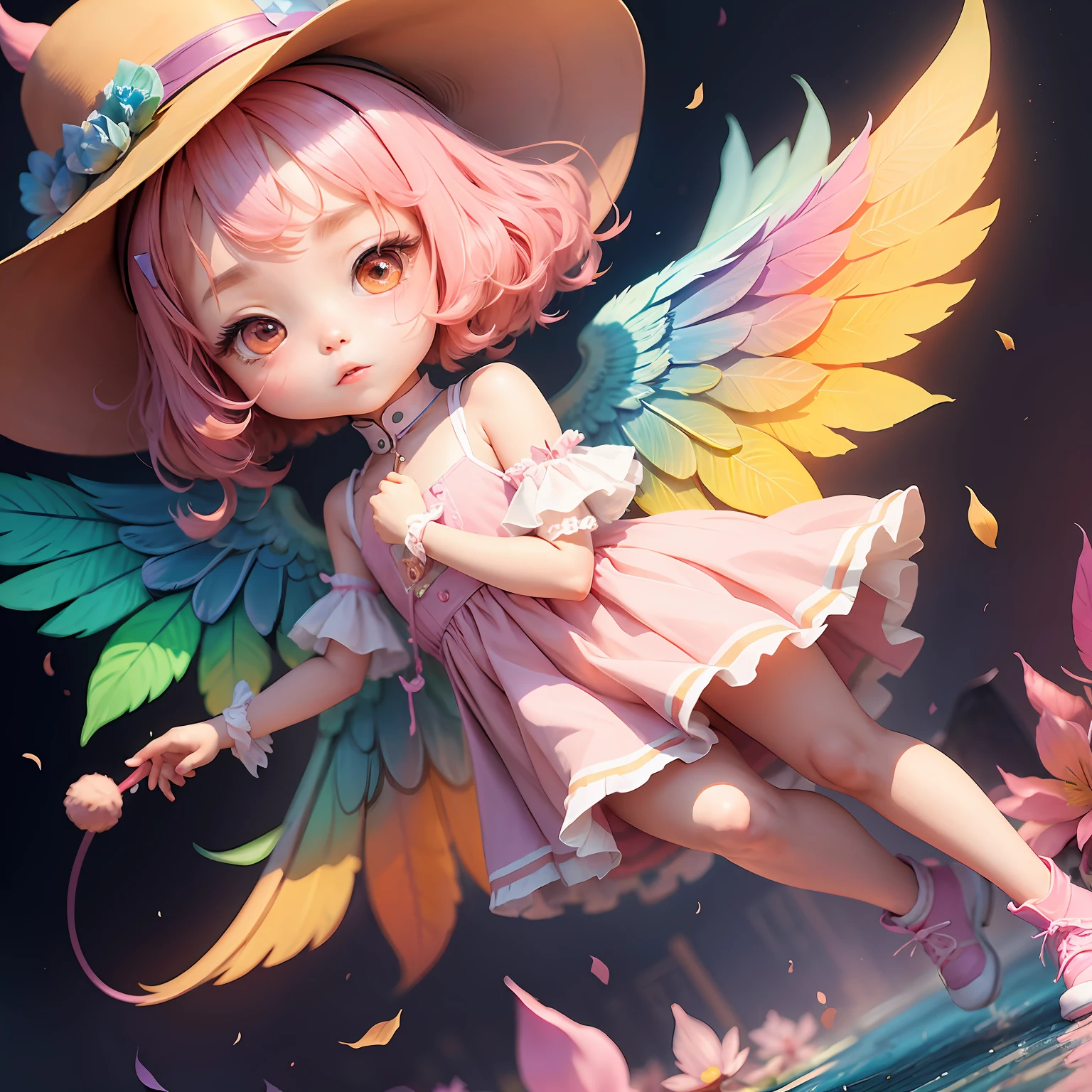 A girl in a colorful hat and a dress with pairs of wings on her back, chibi girl, loli in dress, loli, kawaii chibi, inspired by lyki, chibi art, inspired by Tahara Gu Soda, inspired by Yunduxue, inspired by Wang Lu --auto