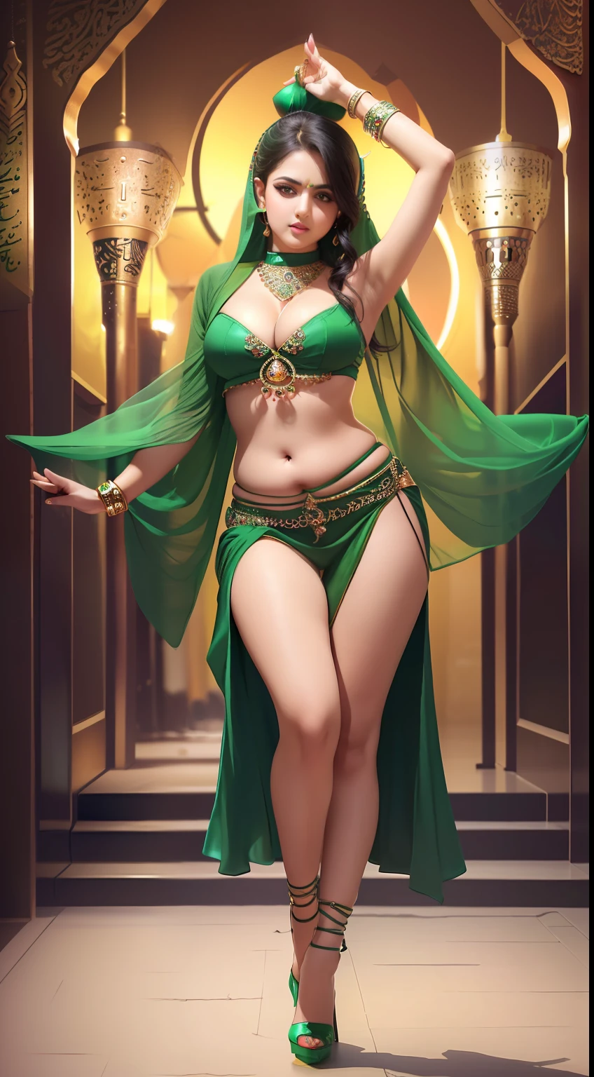 perfect face beautiful (arab:1.2) perfect full HDR body exposed midriff highleg curvy indian (armpits:1.4) bellydancer 8k chubby high res knees ankles , (plump:1.2) , cleavage cutout (shiny skin:1.2) (full body shot:1.5) (high heels:1.5) (karbala:1.7) (green theme:1.6)