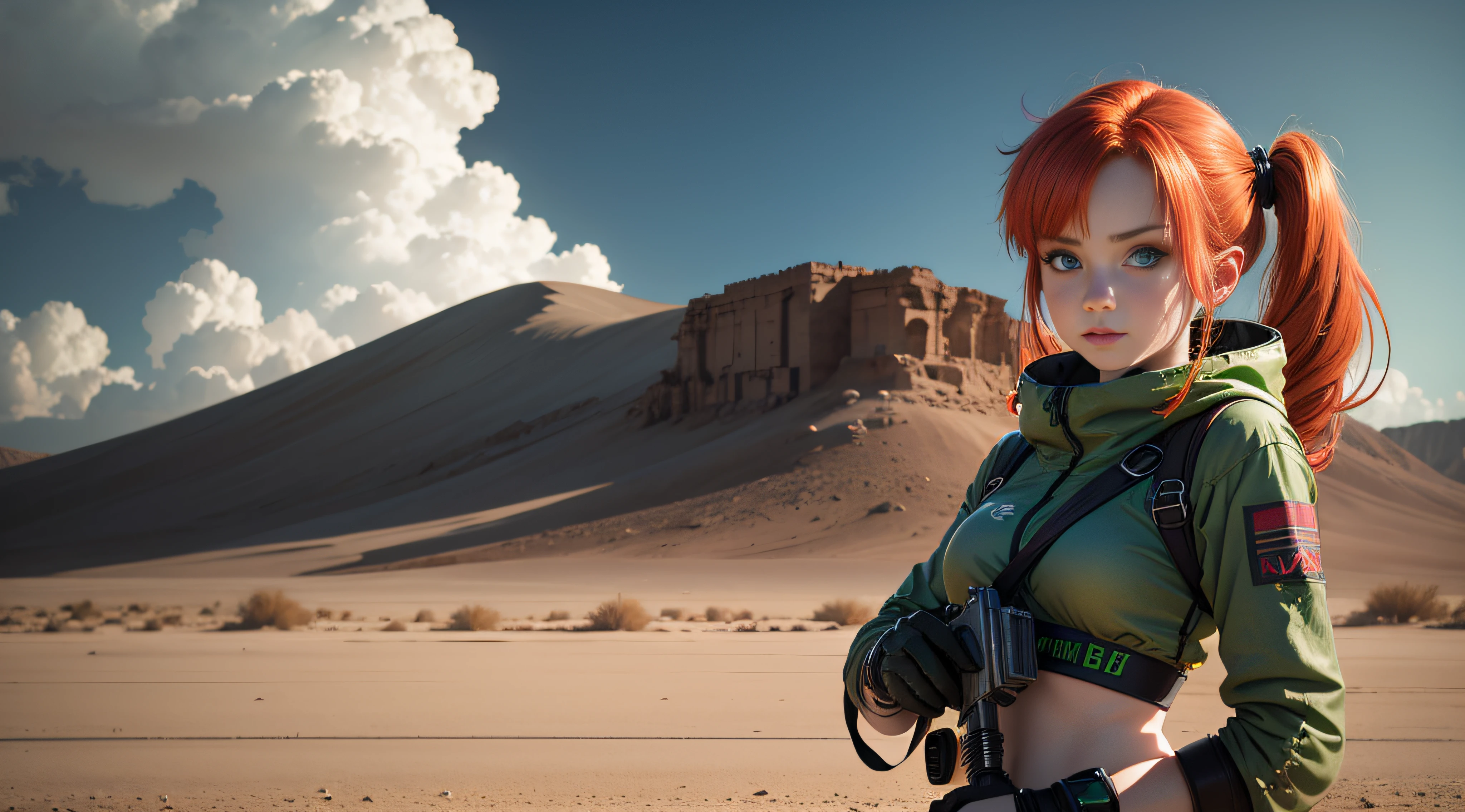 cute redhead woman in twin tails, multiple rainbow colored hair, sky-blue eyes, happy, Ukrainian, ite, pale skin, wearing a green metallic color bikini, post apocalyptic background, bleak barren desert, photo realistic woman. --auto
