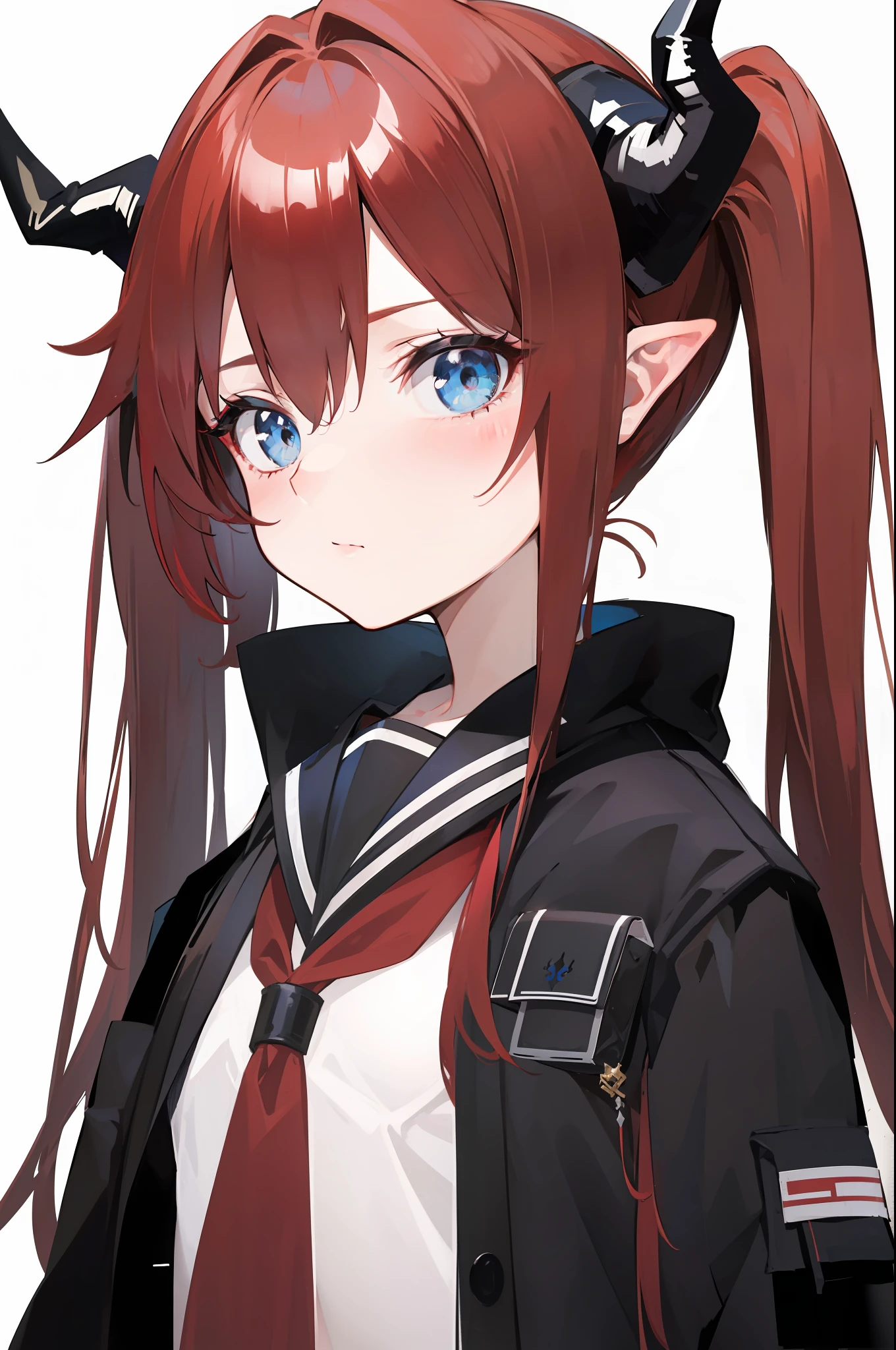 red hair, blue eyes, twintails,Sailor suit,Dragon horns,coat,red Pleated skirt,solo,1girl, arknights, long hair, ,
