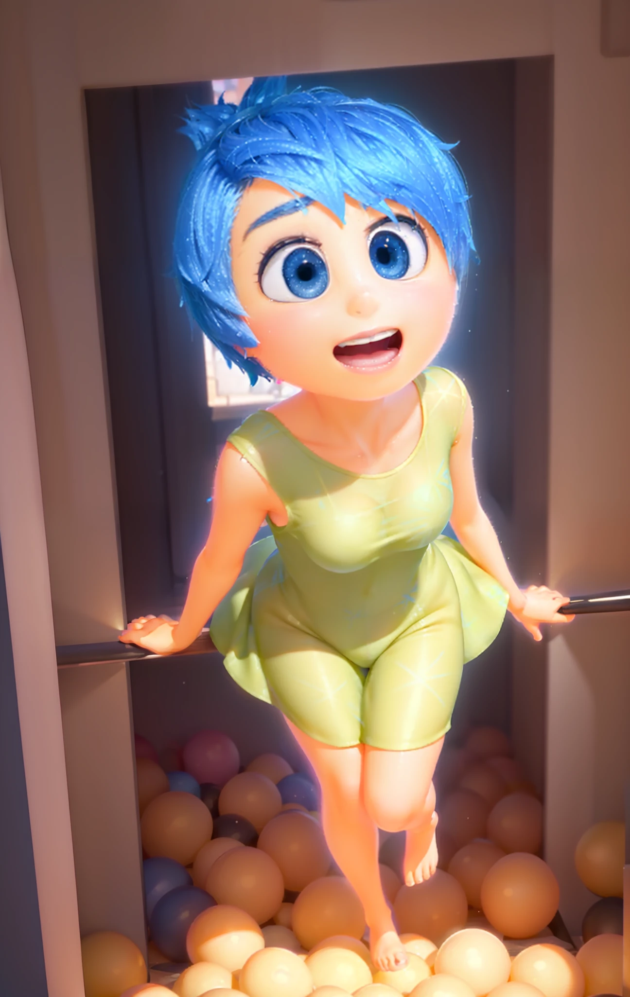 masterpiece, best quality, (Joy_InsideOut, yellow skin, in a ball pit, glowing spheres, ),  happy, green dress,  pixar, cartoon, 3d render, Loli, best quality, 1girl,((solo):1.2),best animated,(ultra detailed glossing hair:1.6), (ultra detailed hair:1.4),(Illustrated city background:1.2),1girl,high detail illustrated paint body and eyes like Pixar, summer time, shiny fatty skin,reddish Kneecap:1.2,soft and fat white_skin but yet reddish kneecap:1.8,half close eyes,happy smile,cosmetics natural cheek and lip, tilt head, beautiful shiny barefoot, show face to toe,from above, shyness, side window,(((close up face:1.0)))