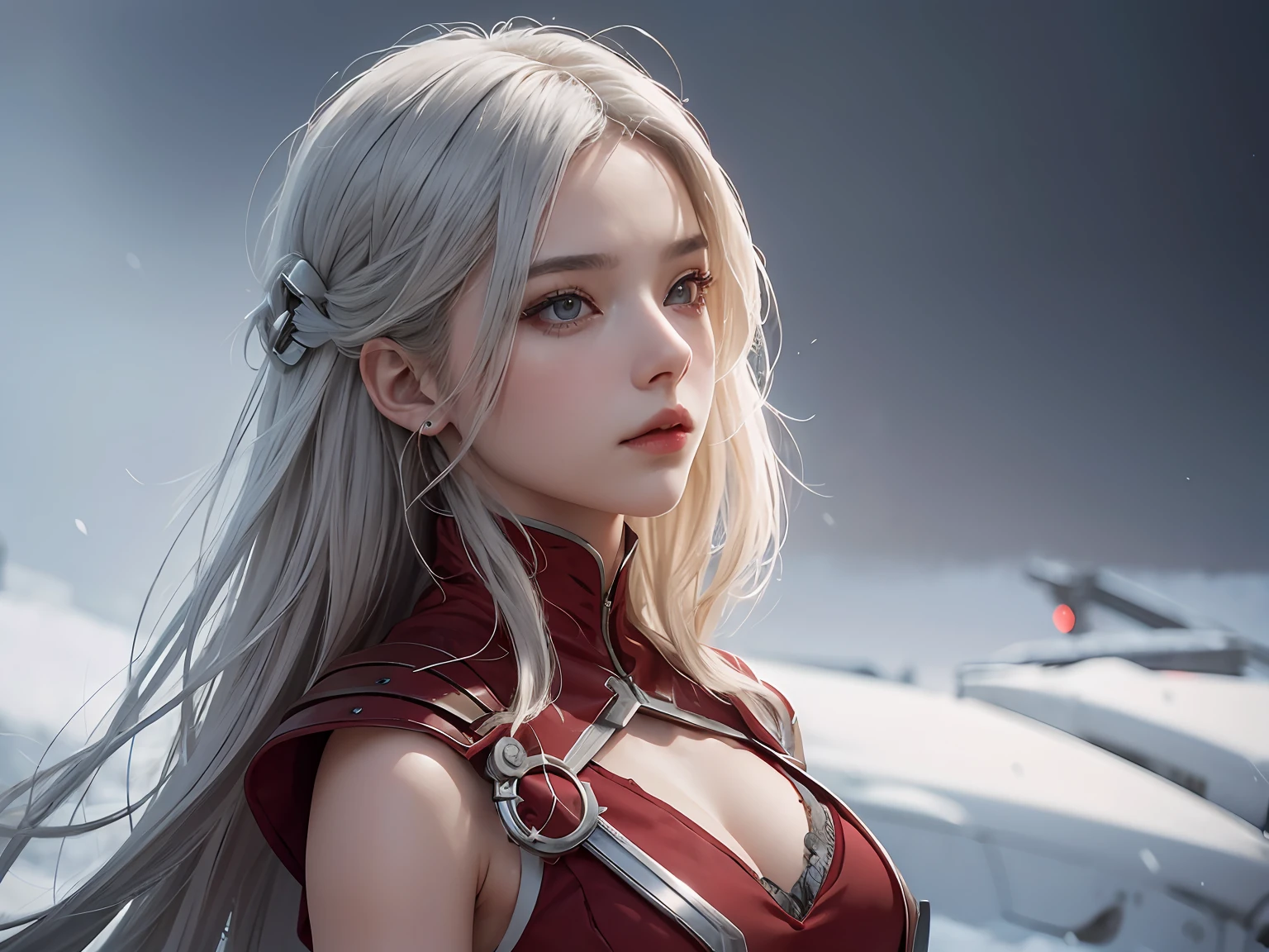 Cirilla Fiona Elen Riannon，Highest image quality，Outstanding details，超高分辨率，（Fidelity：1.4）, Favor the details，closeup cleavage，dawn，Snow，winter，Behind it is the wizard's sword，He has a delicate and beautiful face，（（Red and white semi-mechanical body：1.8）），Raised sexy，frontage，cyber punk perssonage，Futuristic，mechanically aesthetic，Virtual Engine 5，Perfect detail rendering，rendering by octane，hyper HD