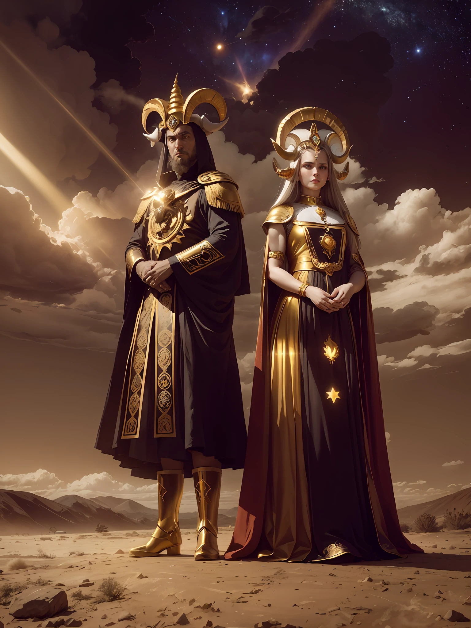 color photo of: A personification of Aries, with a magical golden Aries star chart, a feminized guardian with a sacred ram dharma chakra, divine light, stars, axial symmetry, magnificent background, and God rays in a grand scene. red and gold armor, white cape, horned helmet, barefoot, desert background, determined and protective expression, Canon EOS R5 camera, Ilford Delta 3200 film, 50mm lens, high contrast, Tim Burton, Guillermo del Toro, Neil Gaiman, Alexander McQueen, Vivienne Westwood