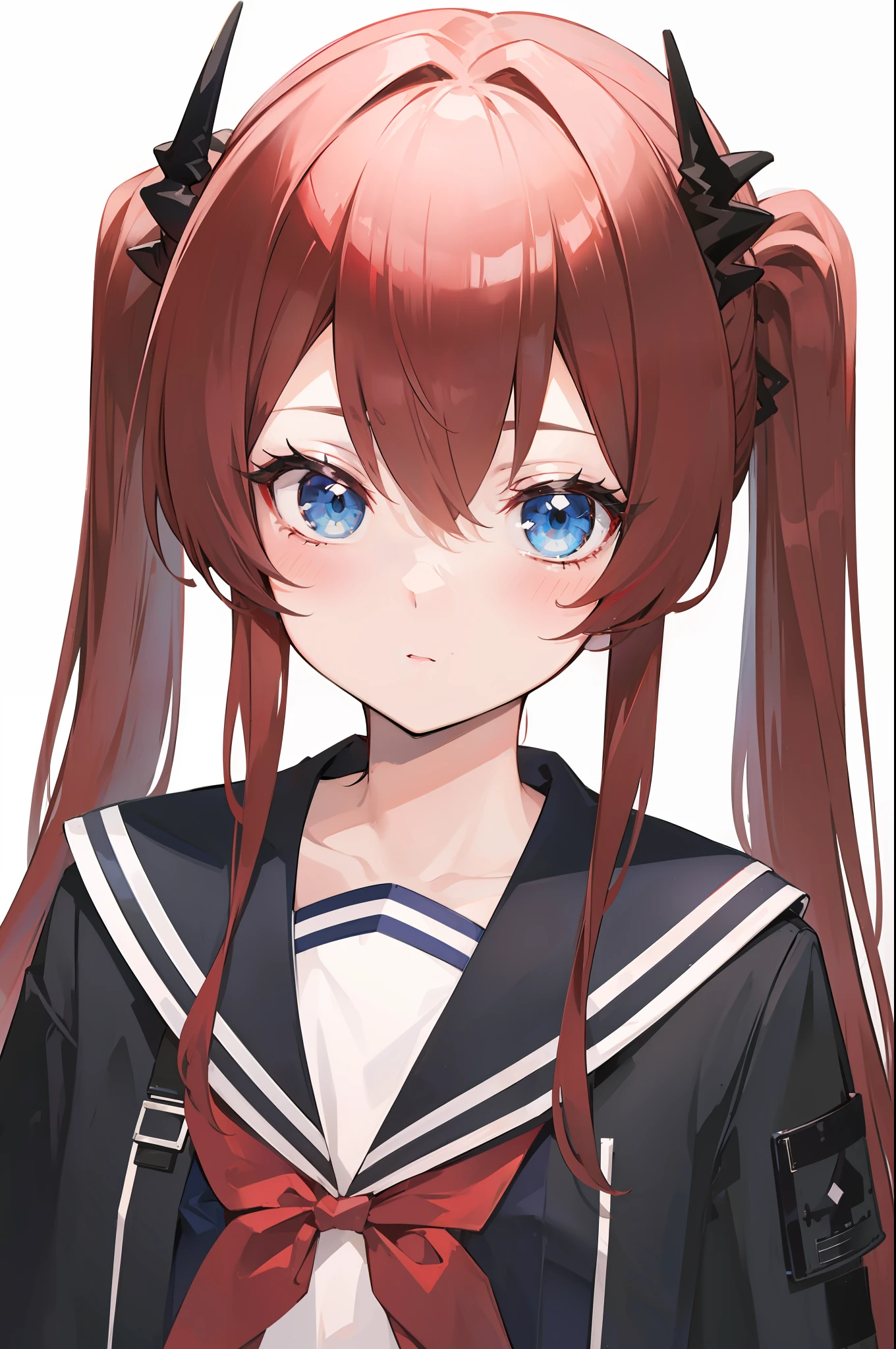 red hair, blue eyes, twintails,Sailor suit,Dragon horns,coat,red Pleated skirt,solo,1girl, arknights, long hair, loli,