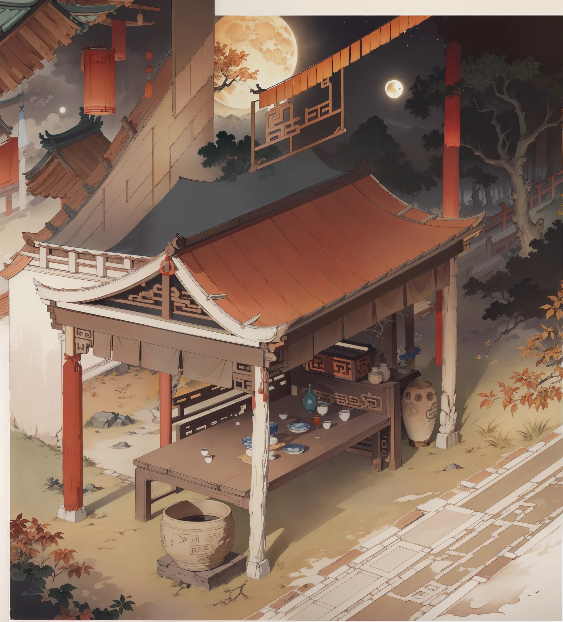 Ancient Chinese landscapes,Ancient buildings,Pavilions,Carved beams and paintings,enchanting scenery,Night,Moon light,Layered, Rich light and shadow,Mid-Autumn Festival, Ink painting style,clean color,Low-saturation colors,Colors of low brightness,Decisive cut,Leave white space,impressionistic,tmasterpiece,ultra - detailed,Epic composition, HighestQuali,hyper realisitc,Art germ --v 6