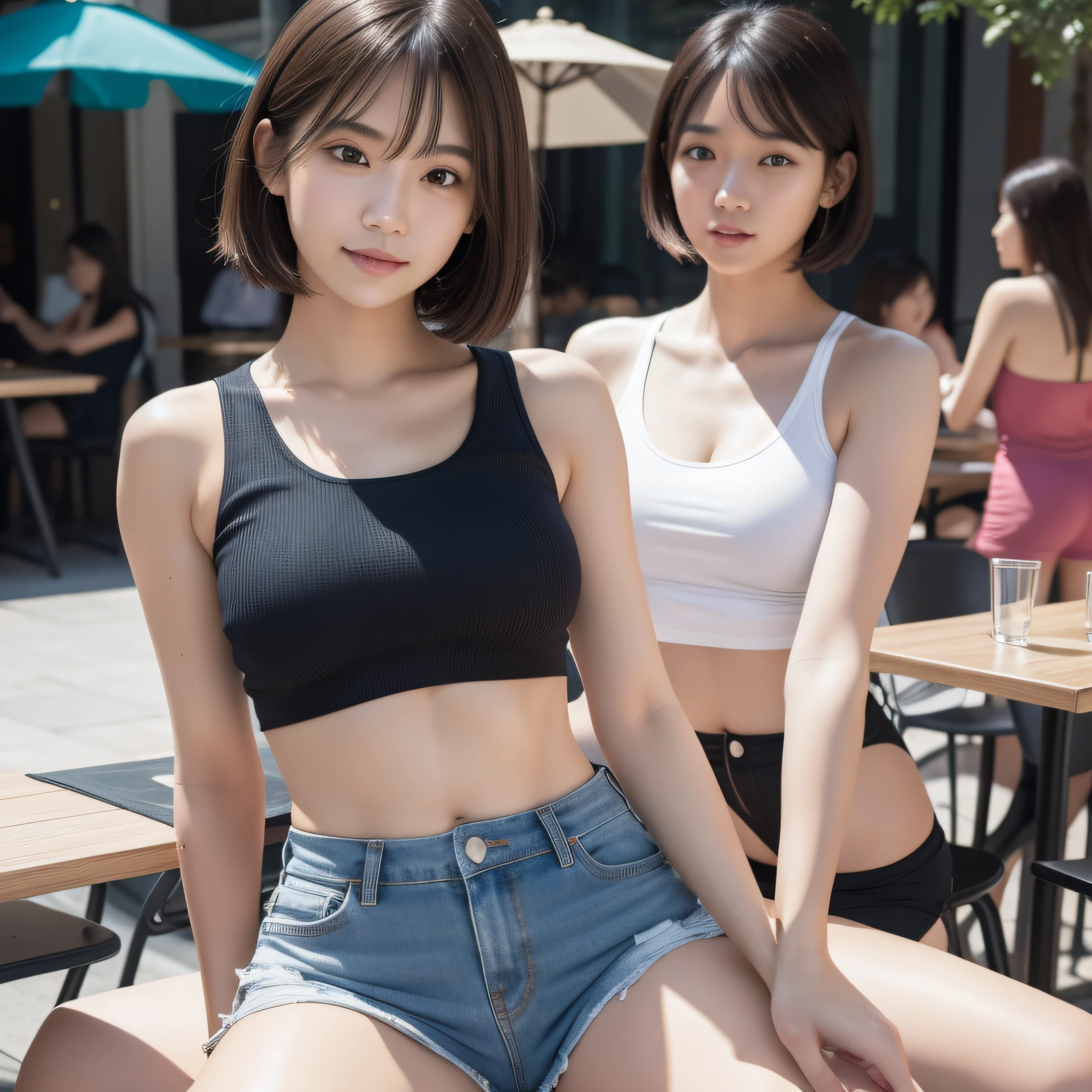 8K, masterpiece, best quality, photo realistic, ultra-detailed, 2 girls, Asian, athletic body, realistic skin texture, 1 long hair, 1 short hair, (breasts:1.0), (smile:1.0), gaze at viewer, tube top, cropped T-shirt, skinny T-shirt, tight tank top, hot pants shorts, micro mini skirt, movie lighting, face focus, fine eyes, detailed face, well lit face, day light, outdoor cafe in background, nice thighs