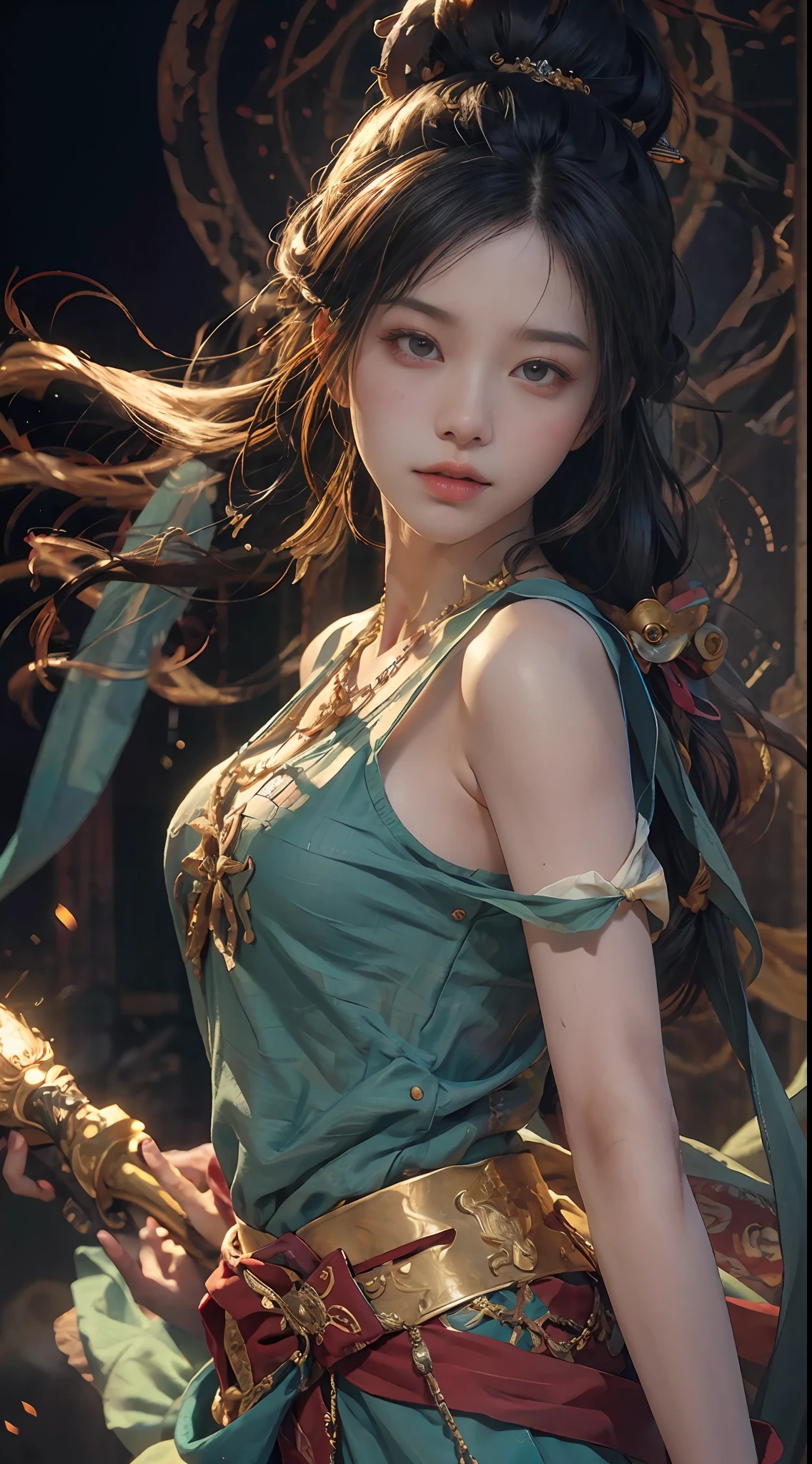 (RAW photo, best quality), (realistic, photo-realistic:1.3),best quality,highly detailed,masterpiece,ultra-detailed,illustration,1girl,upper_body,dynamic angle,world masterpiece theater,messy_long_hair,best quality,extremely detailed CG unity 8k wallpaper,ink,Amazing,cinematic lighting,lens_flare, dunhuang_style,巨乳,性感
