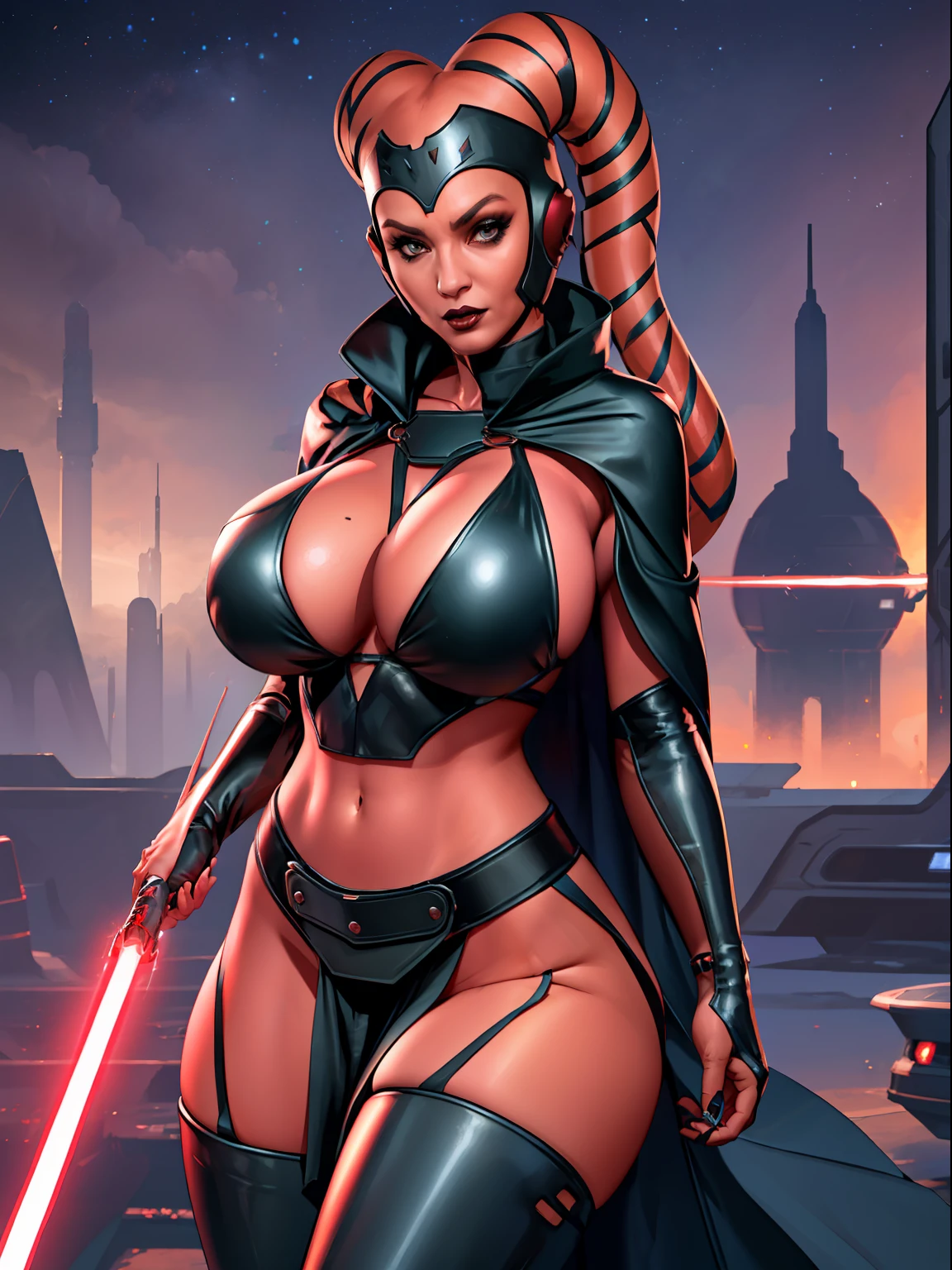armor, busty, gigantic boobs, ((red skin), twi'lek), dual red lightsabers, evil space knight, space ninja, (wearing black robes, tunic, tabard, cowl, cloak, cape, body glove, straps, buckles, skirts, long sleeves, thigh high boots, fantasy), ((busty), slender body, thin, slim sexy body, slim waist, (((gigantic breasts)))), Imperial starship, Star Wars,