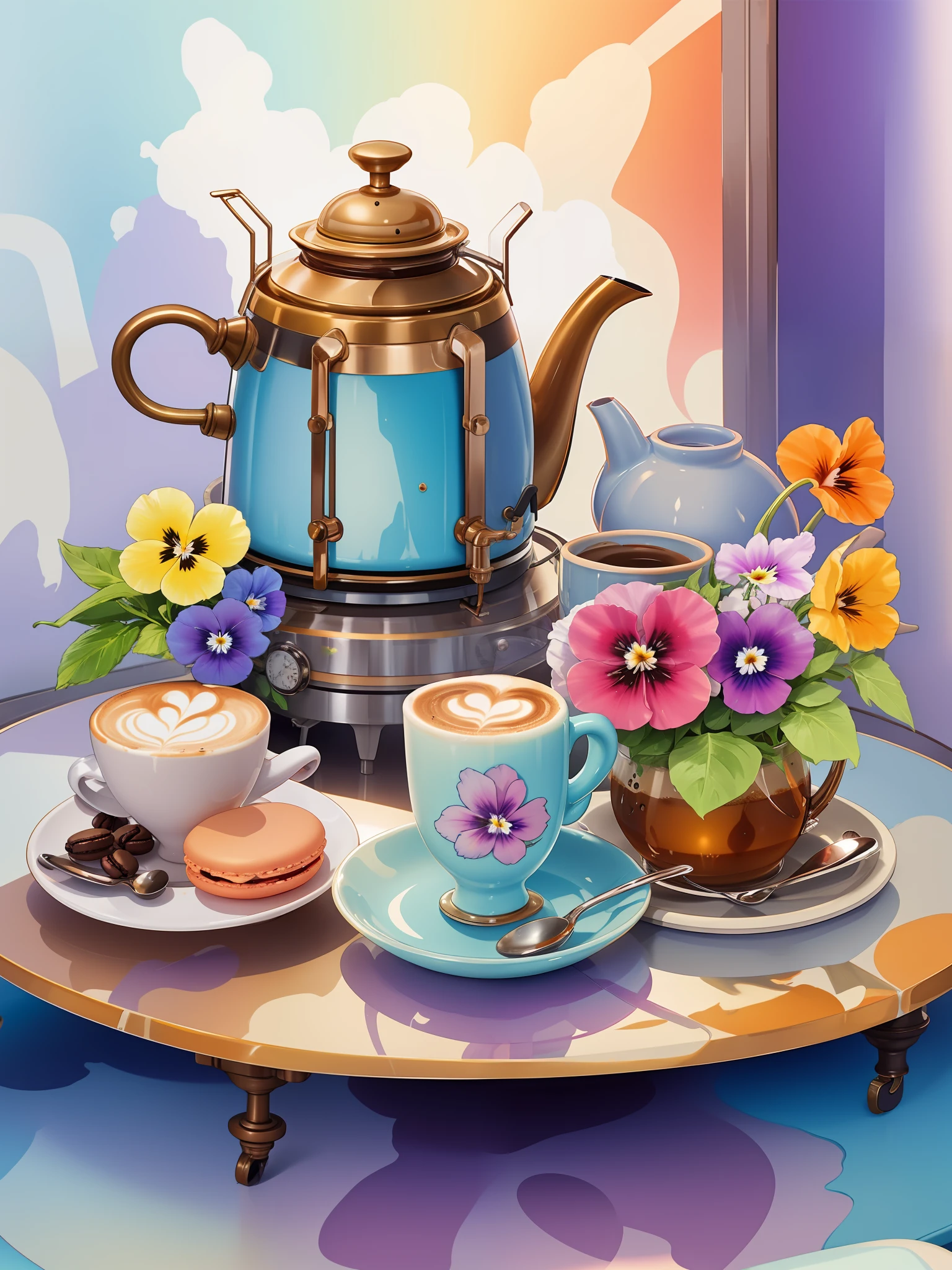 ice cream shop, fruit, cappuccino, latte, steampunk,kettle,flowers, good morning, coffee table,highly detalied, oktane render, studio, coffee shop, coffee pot,cups figurines,teapots,macarons, vibrant neon, epoxy pansies