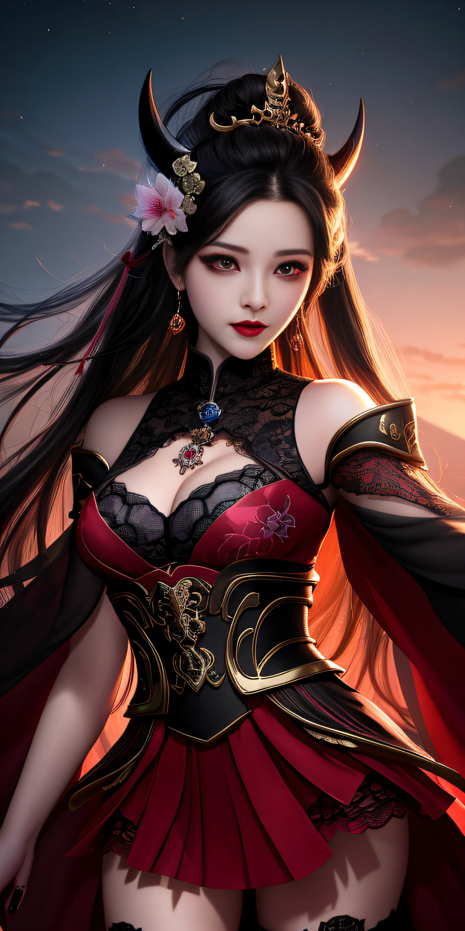 Best Quality, masutepiece, hight resolution, 1girl in, Hanfu, white and even teeth, Red irises, chinese underwear, Hair ornaments, Necklace, Jewelry, crown jewelry. Pretty Face, Upper body, Magic Import Style, Tindall Effect, photographrealistic, Dark Studio, border light, two tone light, (High Detail Skin: 1.2), 8K UHD, Digital SLR , Soft light, High quality, Volumetric Lights, Candid, Photo , High resolution, 4K, 8K, Bokeh, (Light pink lips), 1 beautiful demon from hell, In the Dark: 1.6), Surreal portraits of women by David Hockney and Alphonse Mucha, Fantasy Art, Photorealism, Dynamic lighting, station art, poster for, Volumetric lighting, extra detailed face , Super 8K, Awarded, In the Dark, deepshadow, low illuminance, cowboy lens, (Red Phoenix Shirt: 1.4), Long hair, Black hair, Bust, luxury palace, Royal style family, devil's crown, Red eyes with very sharp and detailed makeup, best faces, Very round and tight breasts, Surreal, chinese women's clothes, turtleneck polo lace top, Charming smile, Beautiful eye makeup, guweiz, devil style, Black lace stockings, ponytail with a bow at the back, dark red lips, Demons tattoo on shoulder, wearing a nightgown thin lace deep slit chest red black, lace cape, overcast and thundering landscape, (Portrait), Protagonist Close-up, (Background detail 1.8),