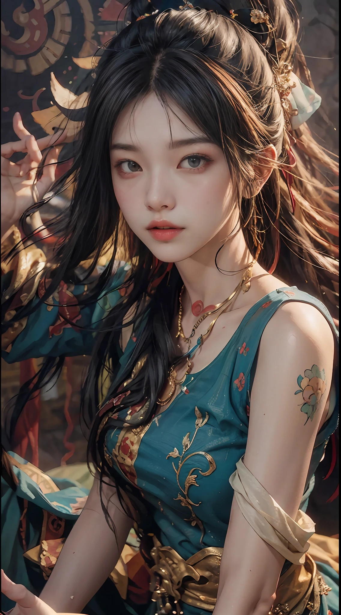 (RAW photo, best quality), (realistic, photo-realistic:1.3),best quality,highly detailed,masterpiece,ultra-detailed,illustration,1girl,upper_body,dynamic angle,world masterpiece theater,messy_long_hair,best quality,extremely detailed CG unity 8k wallpaper,ink,Amazing,cinematic lighting,lens_flare, dunhuang_style,巨乳,性感