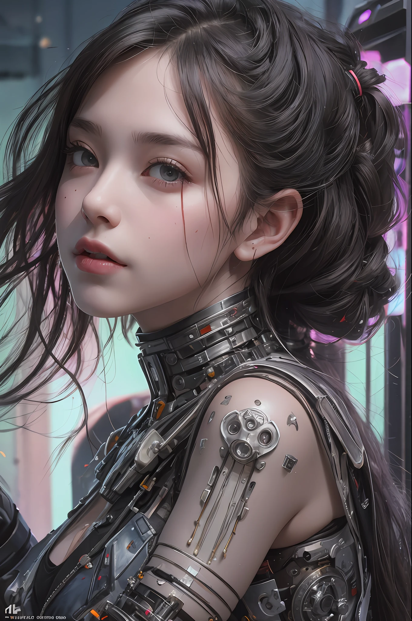 Top Quality, Masterpiece, Ultra High Resolution, (Photorealistic: 1.4), Raw Photo, 1 cyberpunk Girl, Black Hair, Glossy Skin, 1 Mechanical Girl, (Ultra Realistic Detail)), Full body, Global Illumination, Contrast, Shadows, Octane Rendering, 8K, Ultra Sharp, Cleavage Exposed, Raw Skin, Metal, Intricate Ornament Details, Japan Details, Very intricate details, realistic light, CGSoation trend, facing the camera, neon details, mechanical limbs, blood vessels connected to the tube, mechanical vertebrae attached to the back, mechanical cervical attachment to the neck, wires and cables connecting to the head, gundam, small LED lamps.