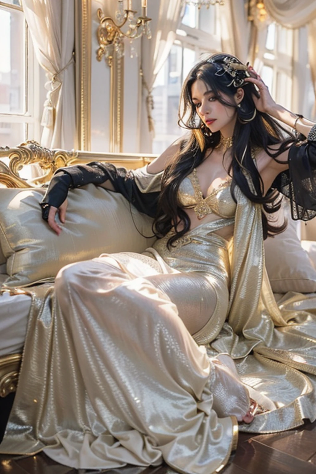 (masterpiece, best quality, CG:1.2), captivating young lady, (luxurious satin nightgown:1.1), (flowing fabric:1.2), (raven-black hair cascading:1.1), (deep mesmerizing eyes:1.2), playfully reclining in a lavish white bedroom, (sumptuous canopy bed:1.3), (ornate golden accents:1.2), (expansive city view through floor-to-ceiling windows:1.1), (soft ambient lighting:1.2), (elegant furniture and decor:1.1), a sense of opulence and indulgence, (dreamy expression:1.2), (relaxed posture:1.1), (subtle reflections and refractions:1.2), a moment of pure luxury, cinematic atmosphere.