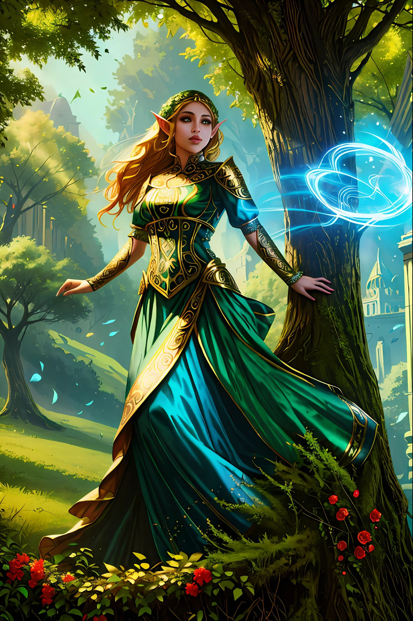 magv1ll, beautiful elf lady in royal ornate dress, magic city, tree, floating leafs, flowers, fantasy