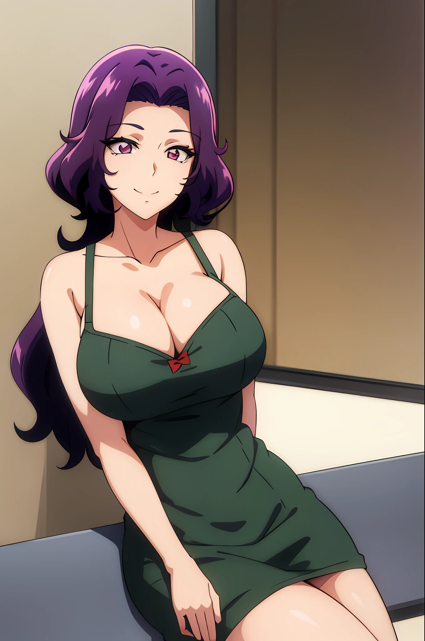 best qualityer,(tmasterpiece:1.2),highly detailed,sitted,Mature woman,
1girll, 独奏, hamaoka azusa,
looking at viewert,ssmile,,
Purple eye,Purple colored hair,short detailed hair,green-shirt,Red bra strap,Full buttocks,plumw,big breasts body