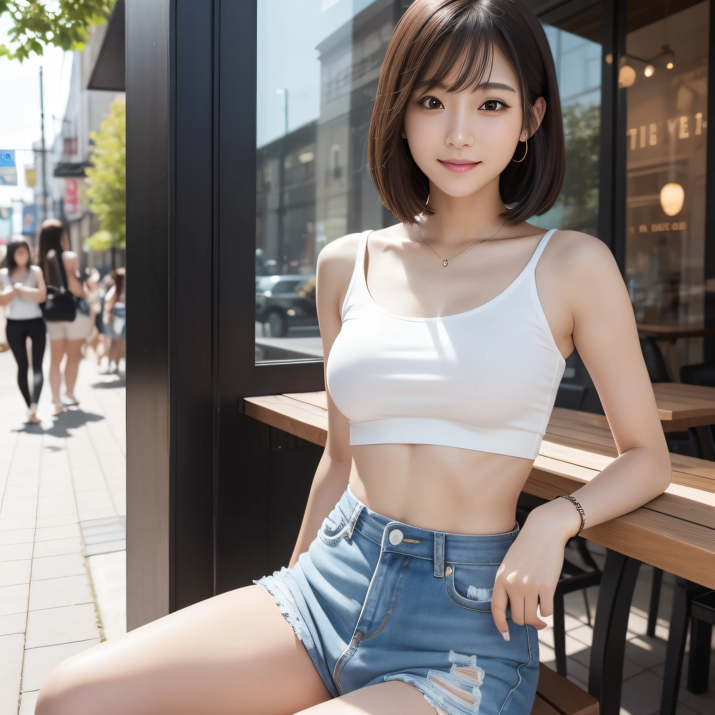 8K, masterpiece, best quality, photo realistic, ultra-detailed, 2 girls, Japanese girls, Korean idol, athletic body, realistic skin texture, 1 long hair, 1 short hair, (breasts:1.0), (smile:1.0), gaze at viewer, tube top, cropped T-shirt, skinny T-shirt, tight tank top, hot pants shorts, micro mini skirt, movie lighting, face focus, fine eyes, detailed face, well lit face, day light, outdoor cafe in background, nice thighs