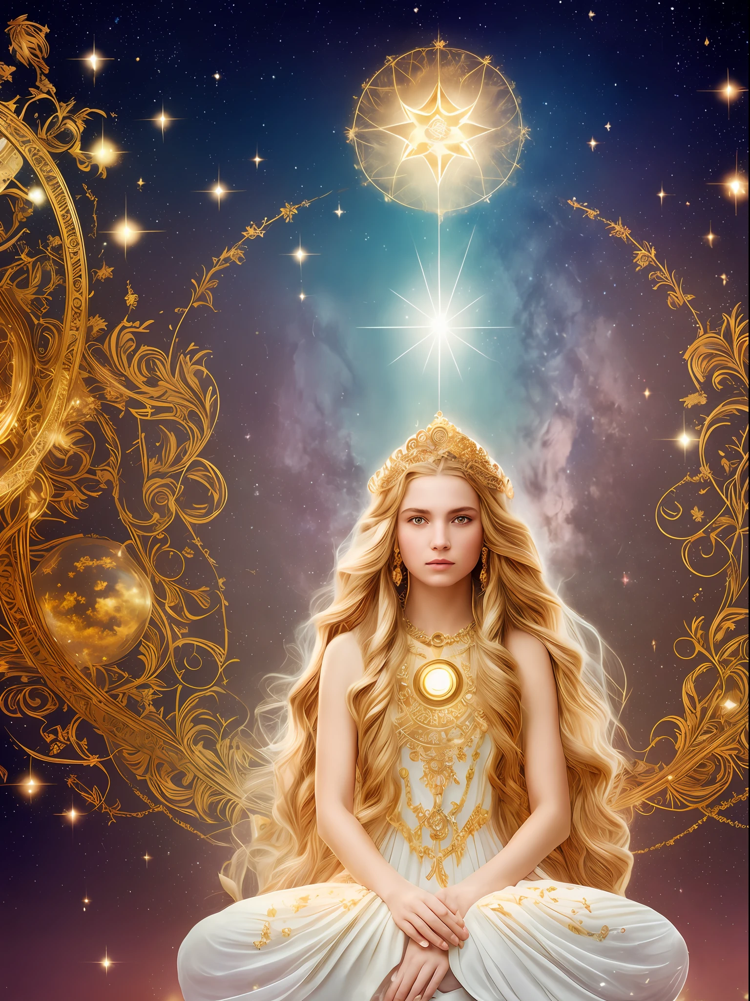 A personification of Virgo, with a magical golden Virgo star chart, a feminized guardian with long golden hair, a dharma chakra, a string of massive prayer beads, divine light, stars, axial symmetry, magnificent background, and God rays in a grand scene. white and gold dress, barefoot, lotus pose, starry sky background, serene and focused expression, Nikon Z7 II camera, Fujifilm Velvia 50 film, 50mm lens, high saturation, Tim Walker, David LaChapelle, Sofia Coppola, Valentino, Alexander McQueen