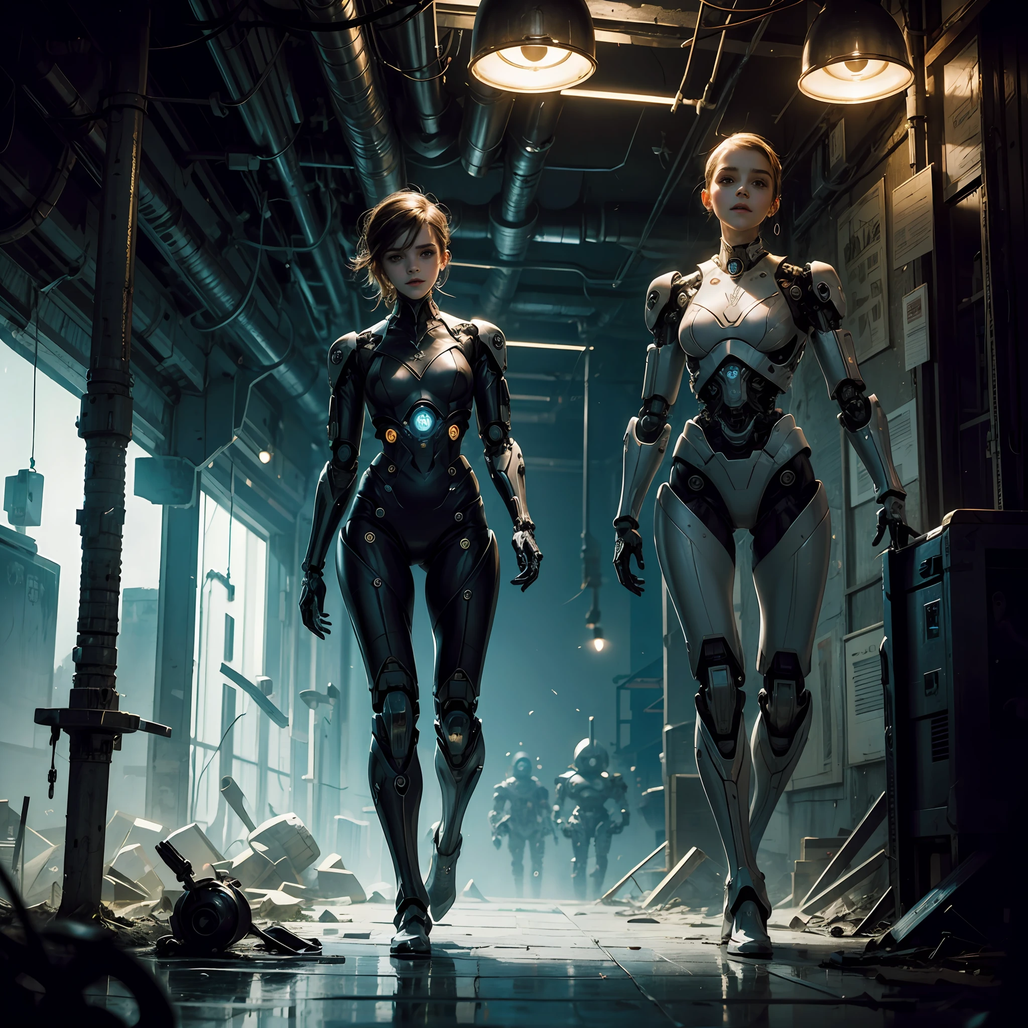a hauntingly beautiful emma watson as a cyborg girl emerges from the shadows. with a gentle smile her once vibrant and youthful features are now marred by the unmistakable signs of mechanical parts, creating a striking juxtaposition of ethereal beauty and the technologic. Her legs still human, conform her athletic body.
She walks the desolate space station, a sci fi world in ruins. abandoned robots stand as grim reminders of a bygone era, their skeletal remains a backdrop to the eerie atmosphere that surrounds her. The pale light that emanates from her skin casts an otherworldly glow, evoking a sense of melancholy and otherworldly allure.