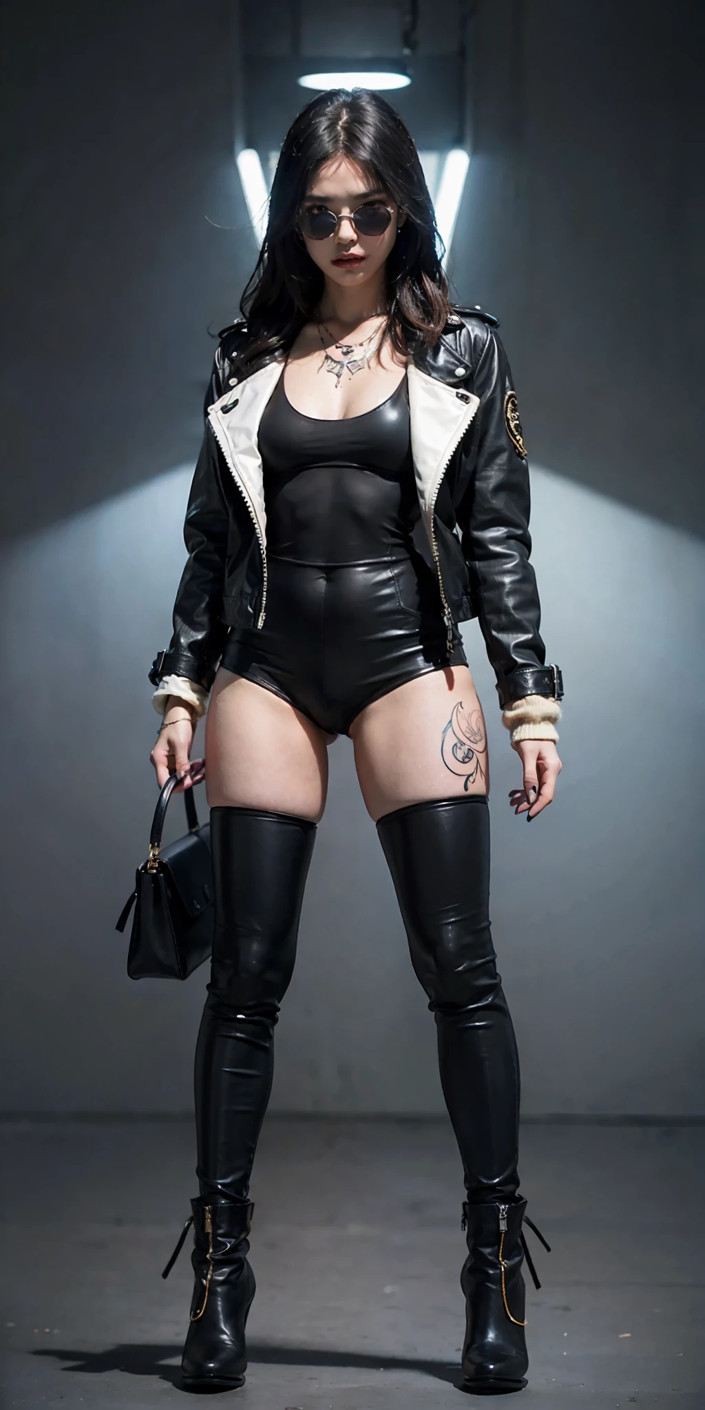 1girll, future warrior,cabelos preto e longos,flowy,crisp breasts,Beautiful thighs,Tattooed with,Chest bumps,Colored square sunglasses,Black skinny one-piece leather jacket,Black boots,There are round metal rings at the wrists and ankles,epcot,cyber punk perssonage,Detailed background,Clothing details,perfectly proportioned, Cinematic lighting, filmgrain, Fuji colors, lightand shade contrast, 8K, 巨作, Textured skin, Super detail, high detal, high qulity, A high resolution,