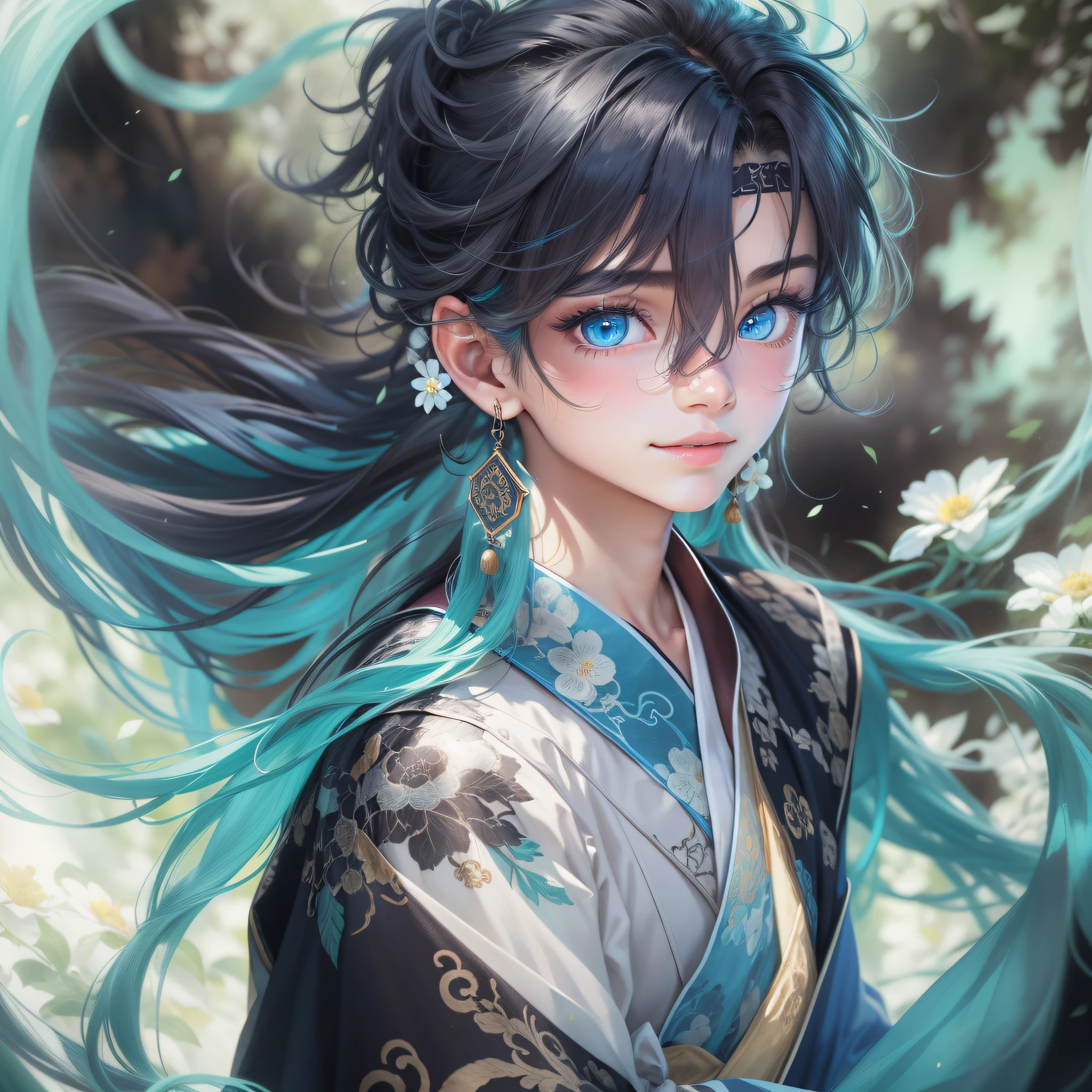 Highest image quality，4K，Ancient Chinese style，A dashing and handsome 13-year-old boy，13 year old，Dashing and handsome，close-up all over the body，mid - length hair，High ponytail，Black and blue gradient hair，Super handsome，Sky blue eyes，The eyelashes are very long，Light smile，Black and white robes，Clothes and hair were blown up by the breeze