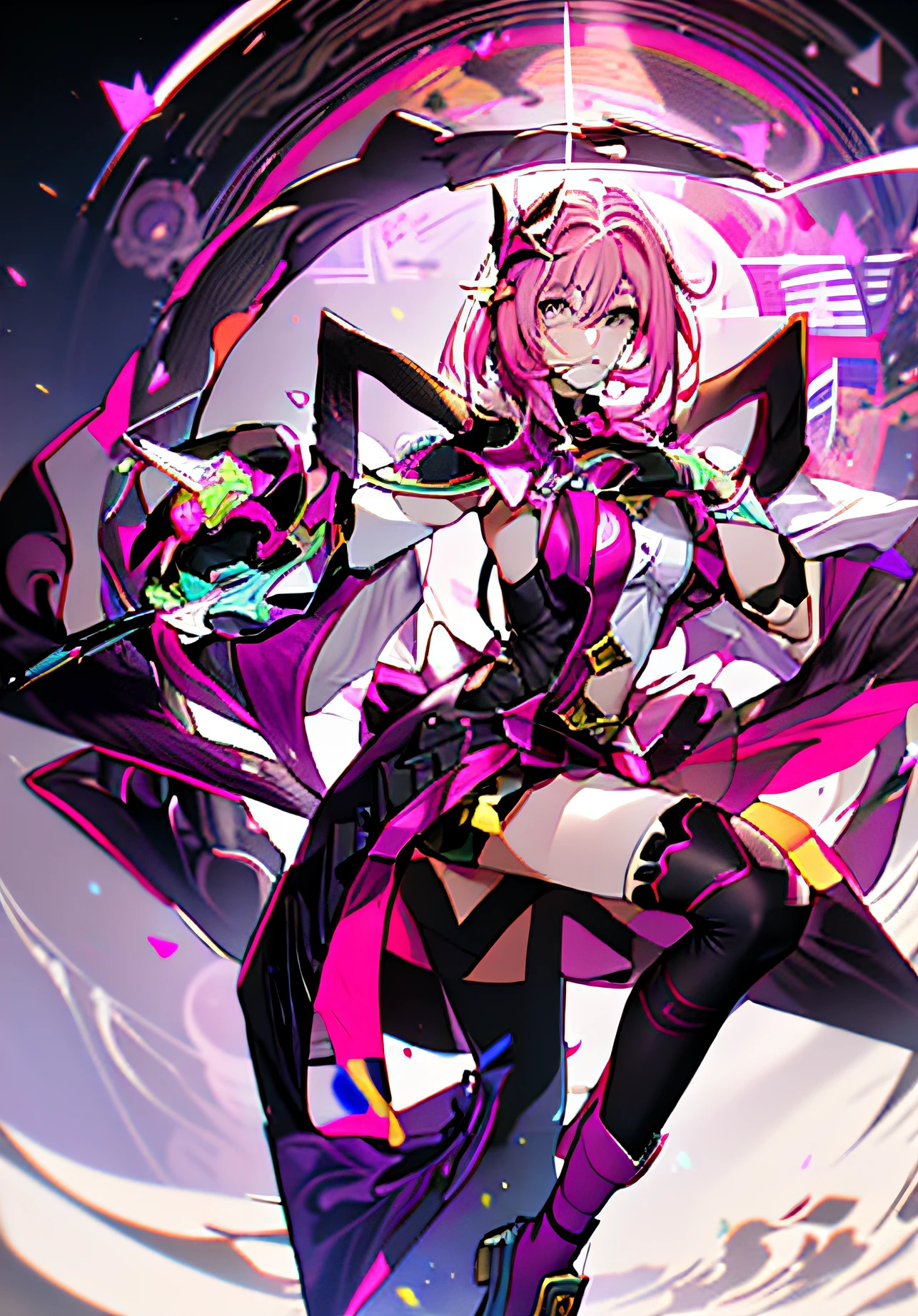 Anime girl with pink hair and purple costume holding purple stars, of a ramlethal valentine, holding a pudica pose, kda, pudica pose, knights of zodiac girl, official character art, Ayaka Genshin impact, sakura haruno, Marin Kitagawa fanart, Keqing from Genshin Impact, full portrait of elementalist