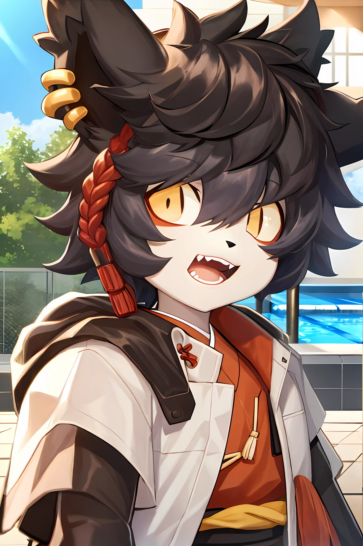 Fury,furry,Hairy all over,Canine line,boy,Shota,Cute style,By the pool,Two frolics,Japanese style,Blue-white skin,Orange eyes