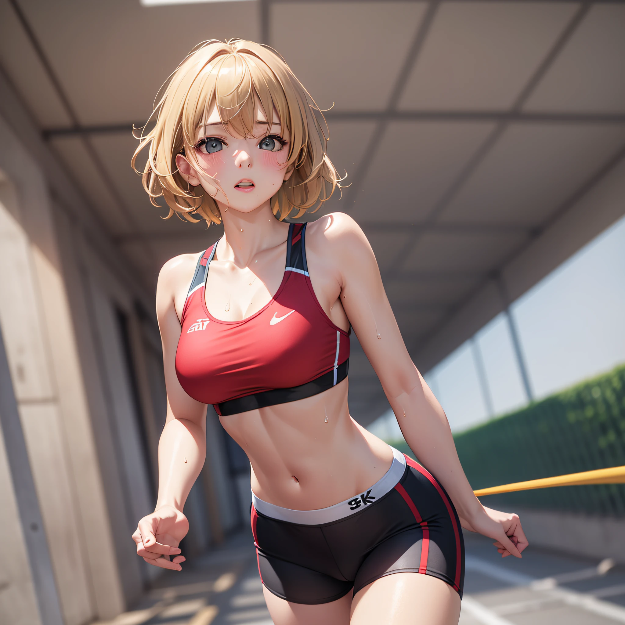 Top image quality、8K picture quality、Top image quality、Photorealistic image quality、1girl in、boyish、Bery short hair、blonde  hair,flat breast, Sports Bra, Boomerang Pants, red blush, Beautiful running form, attractive and beautiful、well-proportioned body、Sweaty body、Position your whole body in the center of the screen