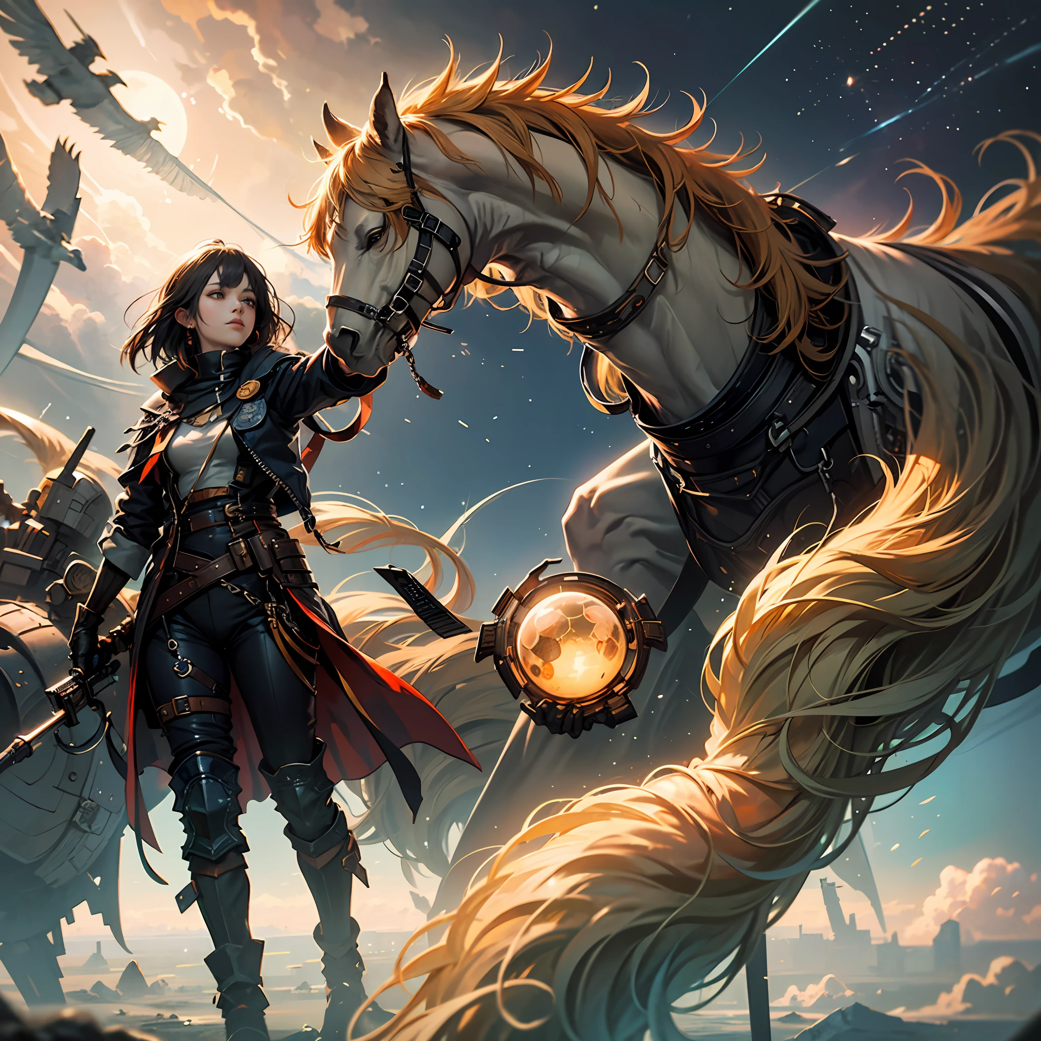 (Best quality),(masterpiece),(ultra detailed),(high detailed),(extremely detailed),Subject: Anime Sky Dreamscapes
Medium: Digital illustration or traditional painting.
Resolution: 4000x2000 pixels.
Color Palette: Soft pastel colors with a mix of vibrant hues.
Mood: Magical, ethereal, and serene.
Composition: Expansive skies with floating islands, whimsical clouds, and other dreamlike elements.
Lighting: Soft, diffused lighting with a warm, golden glow.
Style: Anime-inspired with a touch of fantasy and surrealism.
Details: Include elements such as shooting stars, colorful nebulae, fluffy clouds, and mystical creatures.
Inspiration: Anime fantasy worlds, Studio Ghibli films, surreal art, and celestial imagery.
Camera Setup: None (since it's a digital illustration).
Additional Notes: Emphasize the vastness and beauty of the sky by creating a sense of depth and space. Experiment with various cloud formations and shapes, ranging from fluffy cumulus clouds to wispy cirrus clouds. Incorporate celestial elements like moons, stars, and galaxies to enhance the dreamy atmosphere. Use soft brush strokes and blending techniques to create a seamless and ethereal look. Play with lighting effects, such as gentle rays of sunlight or glowing orbs, to add a magical touch. Consider adding whimsical creatures like flying dragons or floating jellyfish to bring a sense of wonder to the scene. Don't be afraid to let your imagination soar and create a dreamlike world that captures the essence of anime fantasy.