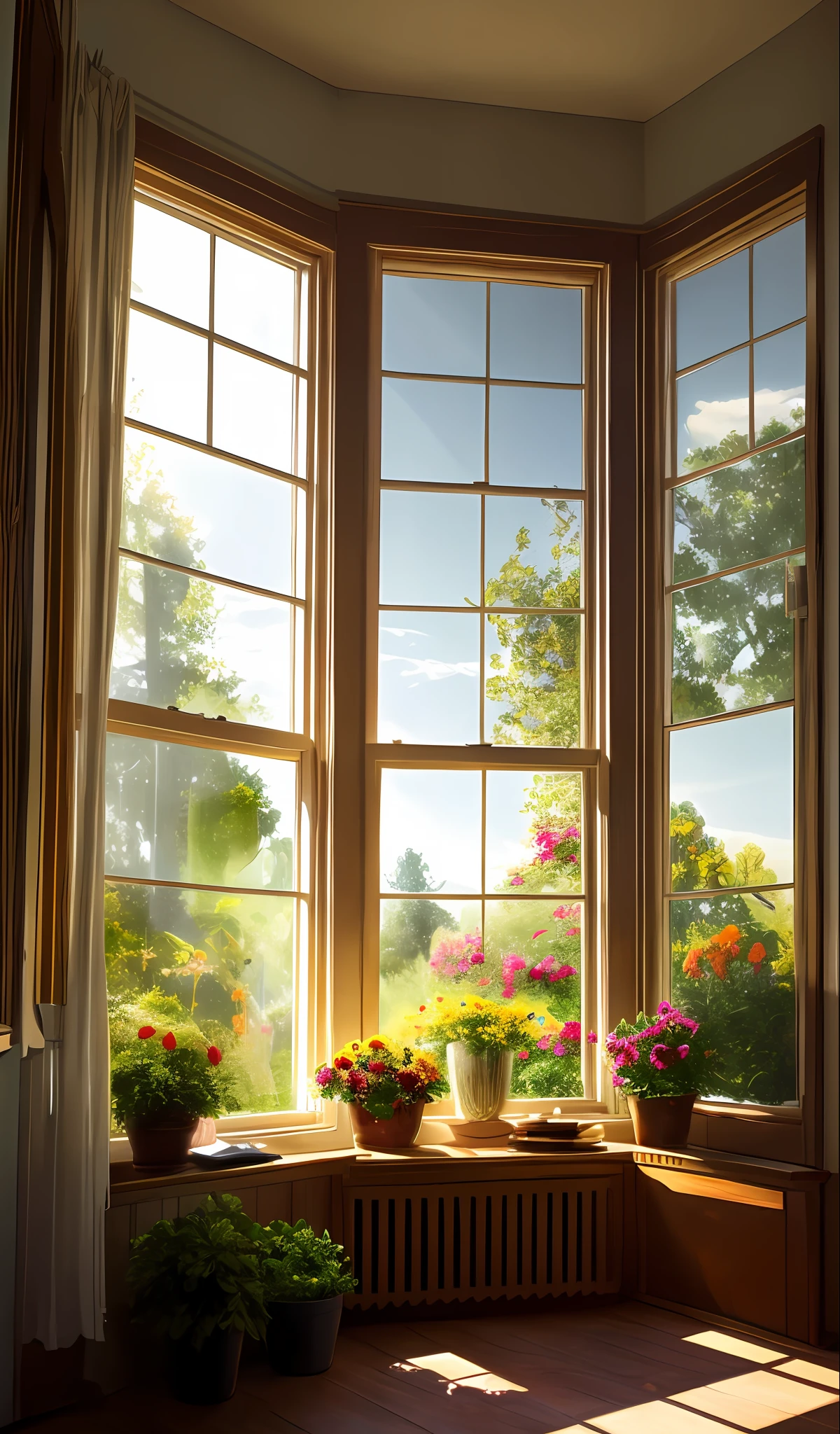 There is a painting of the sun shining through the window, sunlit windows, summer morning light, dramatic warm morning light, sunny bay window, radiant morning light, afternoon sunlight, dramatic morning light, Afternoon light, soft glowing windows, golden hour sunlight, afternoon lights, Early morning light,There are a lot of plants and flowers in the house by the author：Arthur Penn, cozy home background, soft light from the window, at summer afternoon --auto