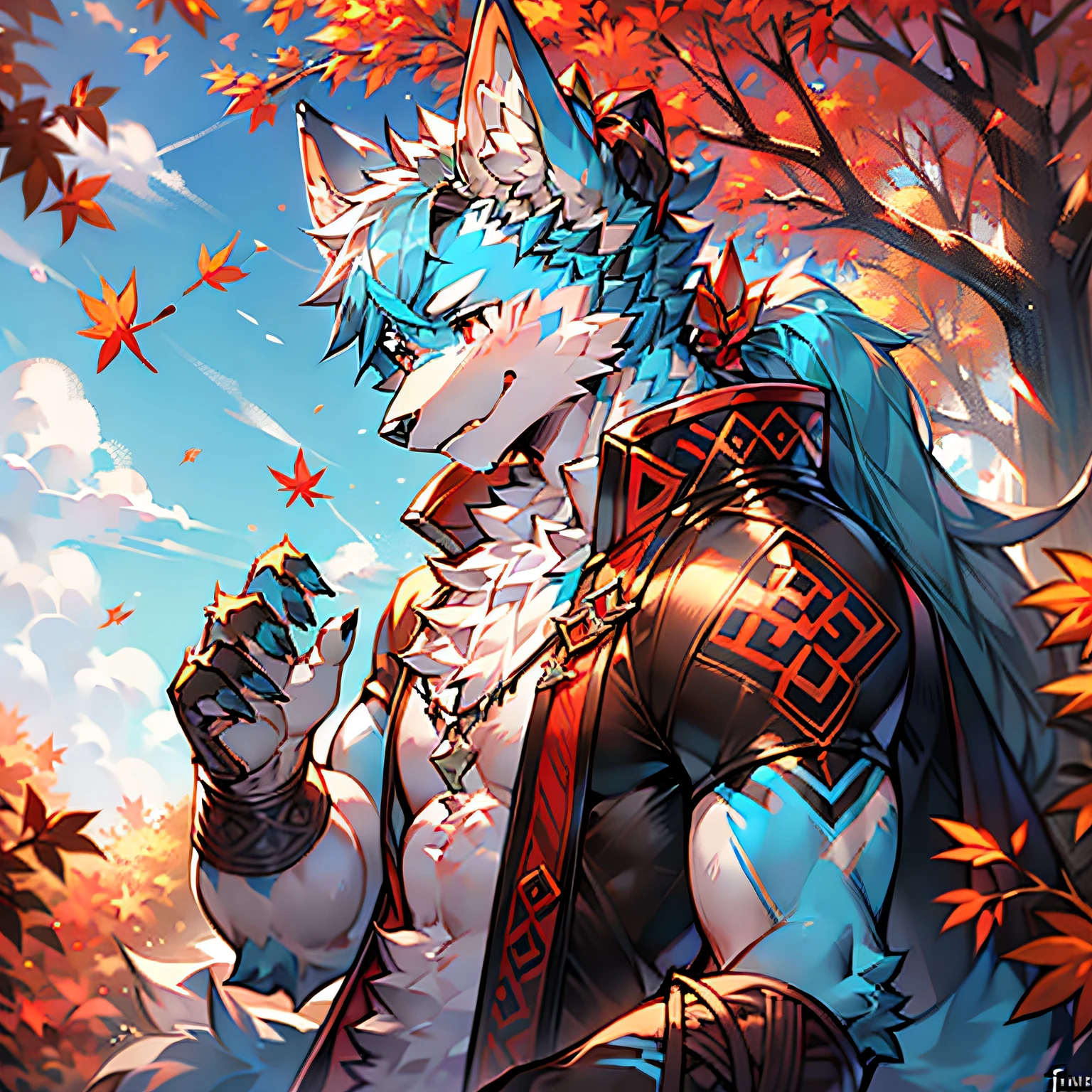 solo person，Twine binding，werecreature，Male white wolf，Blue fur，Blue tail，White ears，Blood-red eyes，Hanfu，musculature，male people，Handsome，（The furry feeling of animal ears），Maple leaves fall，autumnal，High ponytail，Ancient wind，Bangs in the middle