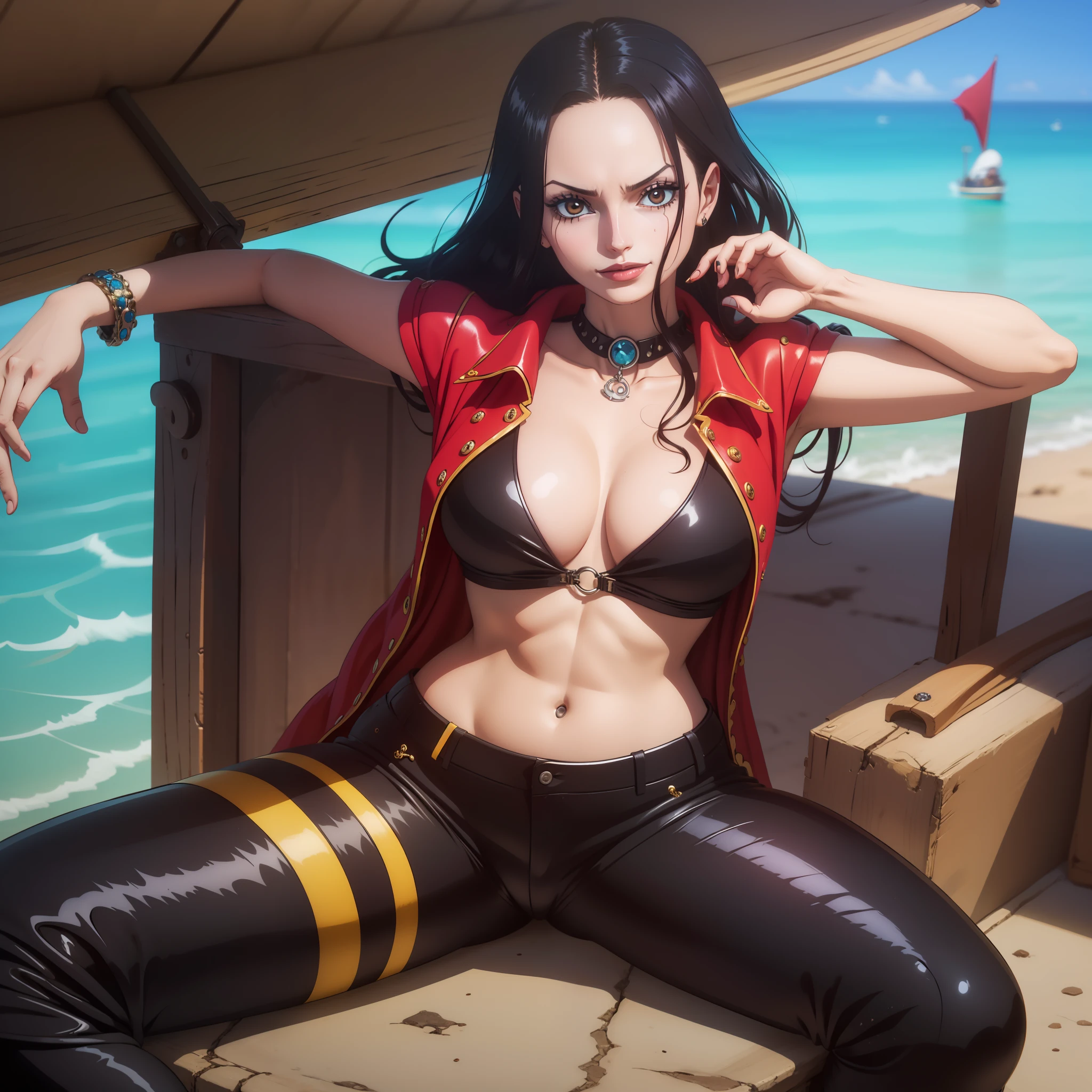 melhor qualidade, mulher de cabelos pretos compridos, Red bikini with yellow snake scales medium breasts, olhos vermelhos brilhantes, cabelo preto, colar, Pose sexy, black collar high black pants, angry expression with a smile at the corner of his mouth, pose de lado, chapeu de pirata, batom vermelho na boca, majo, dentro de um navio, em alto mar, mar atras, Olhos vermelhos, cabelo comprido pretos, olhos vermelhos brilhantes, pirata, navio de pirata, Pose para foto, com uma katana, encarada mortal, colar, bracelete, usando oculos vermelhos, boa hancok Cobra amarela