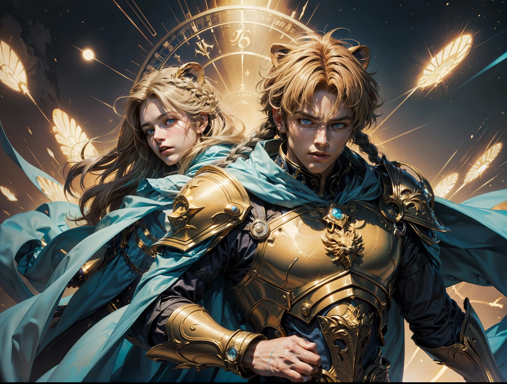 Background with:Magic Golden Leo astrolabe main body:A ager(Strong,Hokuto Shinken style,Handsome face, Aqua blue eyes, A tuft of thick blonde hair, A few small braids, By bangs, The skin is smooth and delicate, True and natural to the touch,wearing golden armor,Wearing a blue cape), Next to it lies a male lion, photore, tmasterpiece, ultraclear, Conforms to the anatomy, high detal, high qulity, Colorful, lightand shade contrast, Cinematic lighting effects