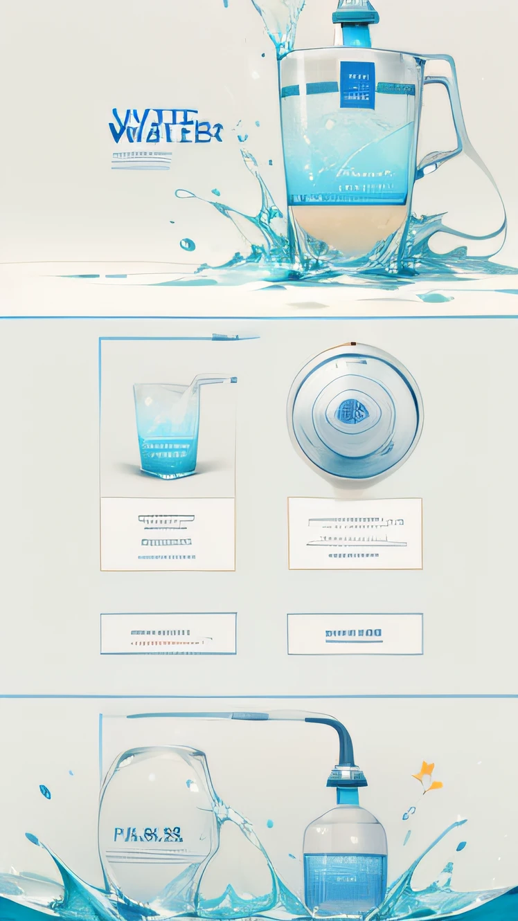 different creative unique website for water purifier, full-width, water, splashing water, minimal and simple navigation, minimal, clean, flat, and simple design style. UI/UX, UI, UX. Complex article blocks. Rich, modern, inspirational, motivational, and abundance, mainly white , blue accents,