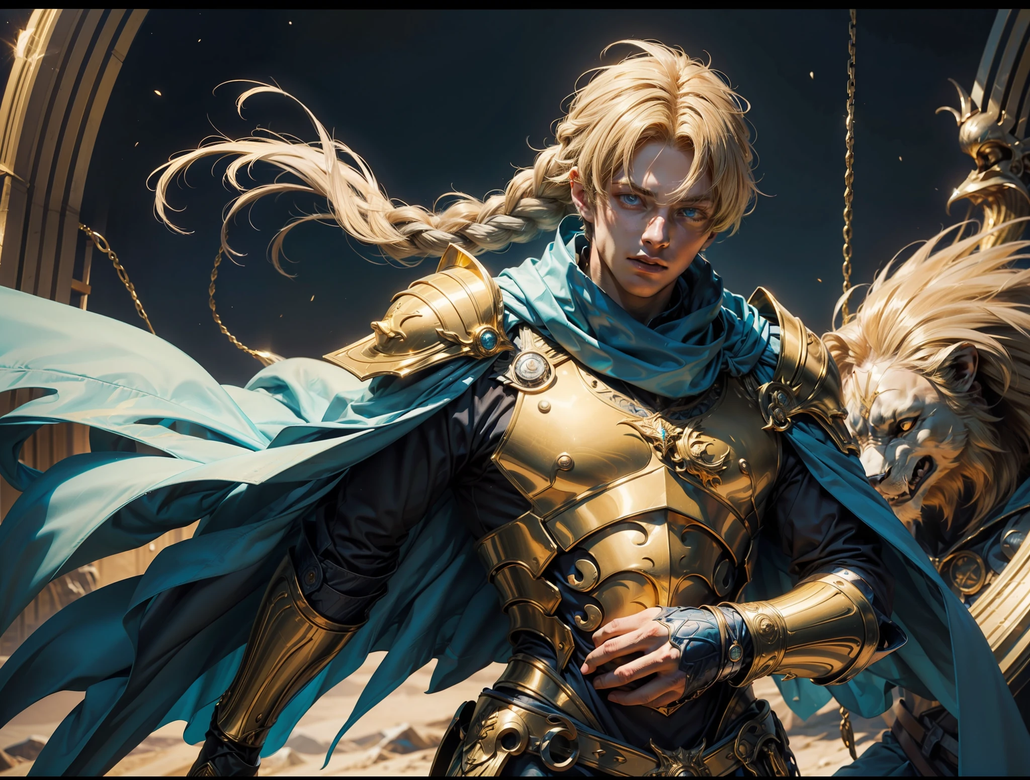 Background with:Magic Golden Leo astrolabe main body:A (Strong,Hokuto Shinken style,Handsome face, Aqua blue eyes, A tuft of thick blonde hair, A few small braids, By bangs, The skin is smooth and delicate, True and natural to the touch,wearing golden armor,Wearing a blue cape), Next to it lies a male lion, photore, tmasterpiece, ultraclear, Conforms to the anatomy, high detal, high qulity, Colorful, lightand shade contrast, Cinematic lighting effects
