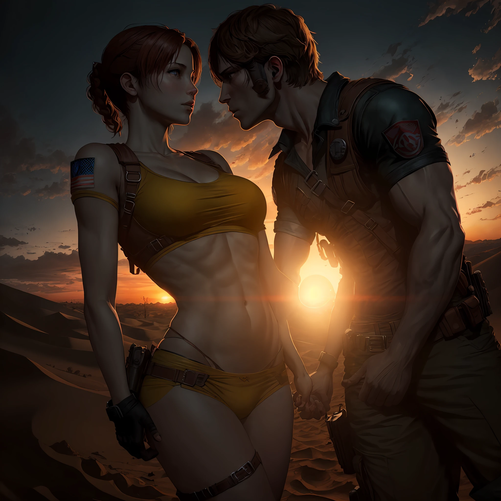 Resident Evil，Leon male，Holding Jill Girl，kisses。Hold tight，Exposing the abdomen。Sunset desert in the background。Live action，cinematic ligh。 Warm yellow， --auto