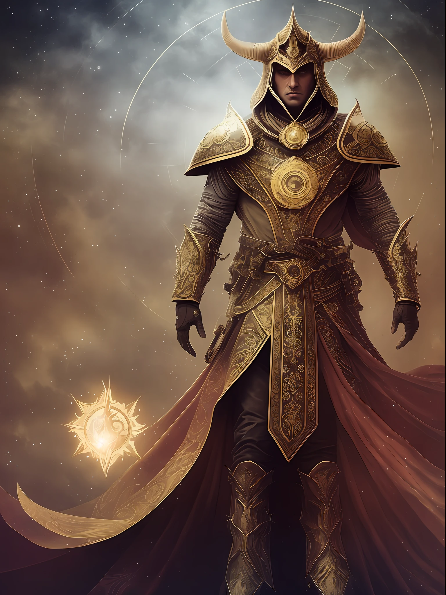 color photo of: A personification of Aries, with a magical golden Aries star chart, a feminized guardian with a sacred ram dharma chakra, divine light, stars, axial symmetry, magnificent background, and God rays in a grand scene.
red and gold armor, white cape, horned helmet, barefoot, desert background, determined and protective expression, Canon EOS R5 camera, Ilford Delta 3200 film, 50mm lens, high contrast, Tim Burton, Guillermo del Toro, Neil Gaiman, Alexander McQueen, Vivienne Westwood --auto