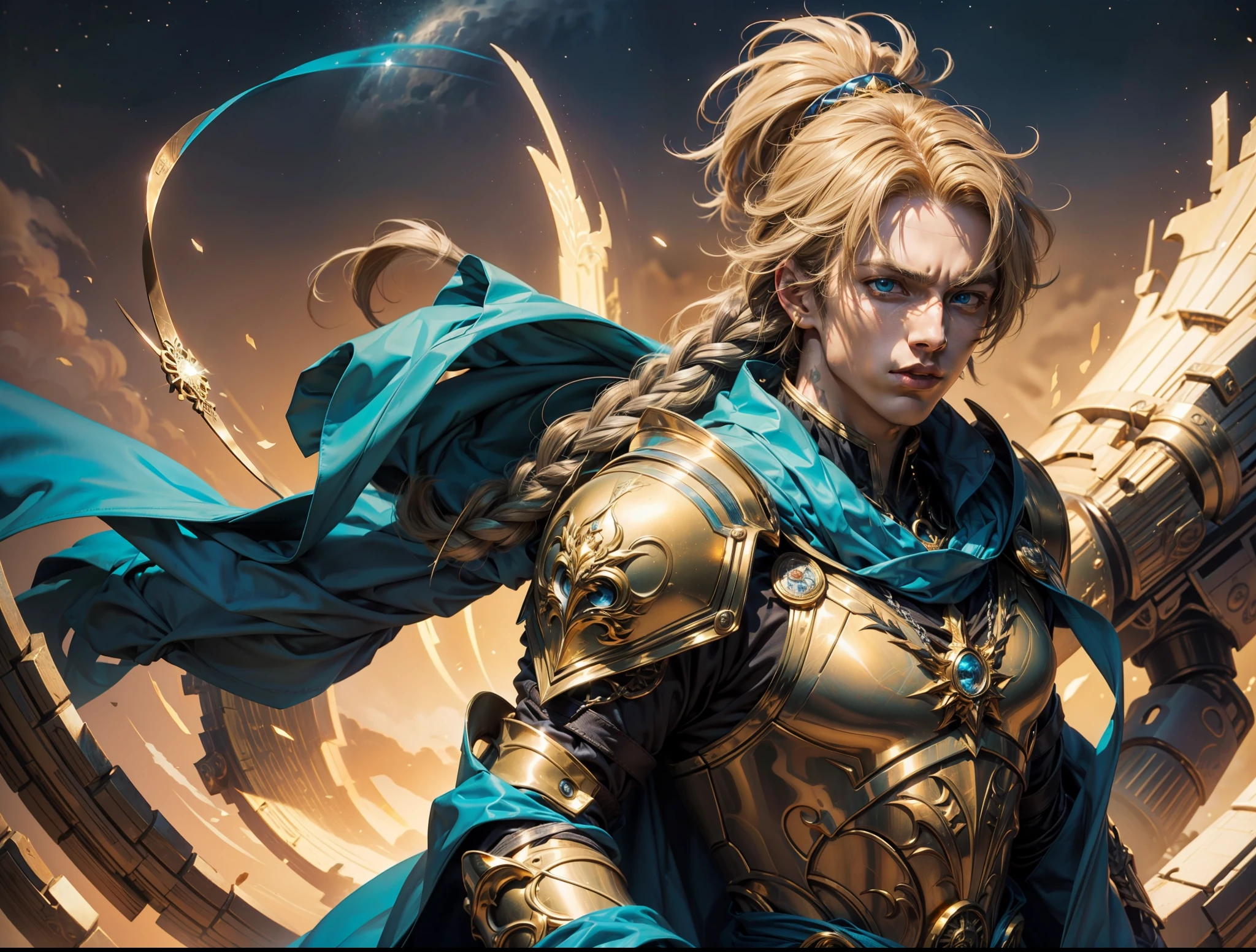 Background with:Magic Golden Leo astrolabe main body:A ager(Strong,Hokuto Shinken style,Handsome face, Aqua blue eyes, A tuft of thick blonde hair, A few small braids, By bangs, The skin is smooth and delicate, True and natural to the touch,wearing golden armor,Wearing a blue cape), Next to it lies a male lion, photore, tmasterpiece, ultraclear, Conforms to the anatomy, high detal, high qulity, Colorful, lightand shade contrast, Cinematic lighting effects
