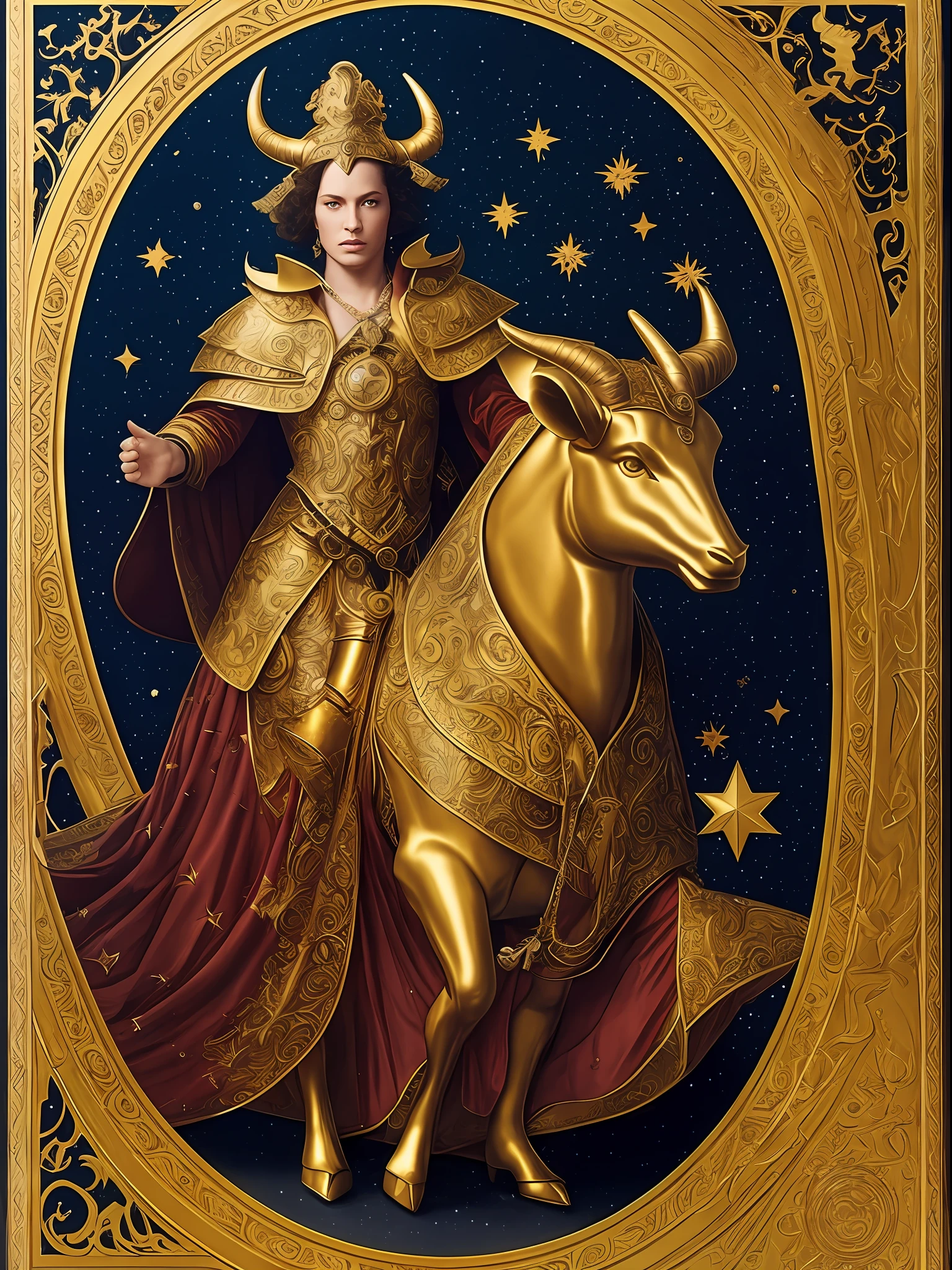 personification of Taurus, with a magical golden Taurus star chart, a strong guardian with black hair, standing next to a golden bull, with divine light, stars, axial symmetry, magnificent background, God rays, dharma chakra, and a grand scene，gold armor, black cape, fur boots, golden horns, desert background, determined and protective expression, Phase One XF IQ4 camera, Kodak Ektachrome E100 film, 80mm lens, shallow depth of field, David LaChapelle, Annie Leibovitz, Tim Walker, Alexander McQueen, Rei Kawakubo