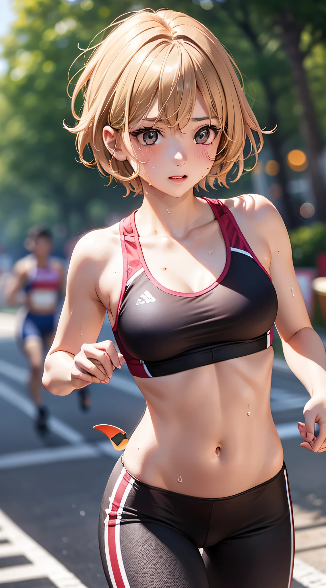 Top image quality、8K picture quality、Top image quality、Photorealistic image quality、1girl in、boyish、Bery short hair、blonde hair,flat breast, Sports Bra, Boomerang Pants, red blush, Beautiful running form, attractive and beautiful、well-proportioned body、Sweaty body、Position your whole body in the center of the screen