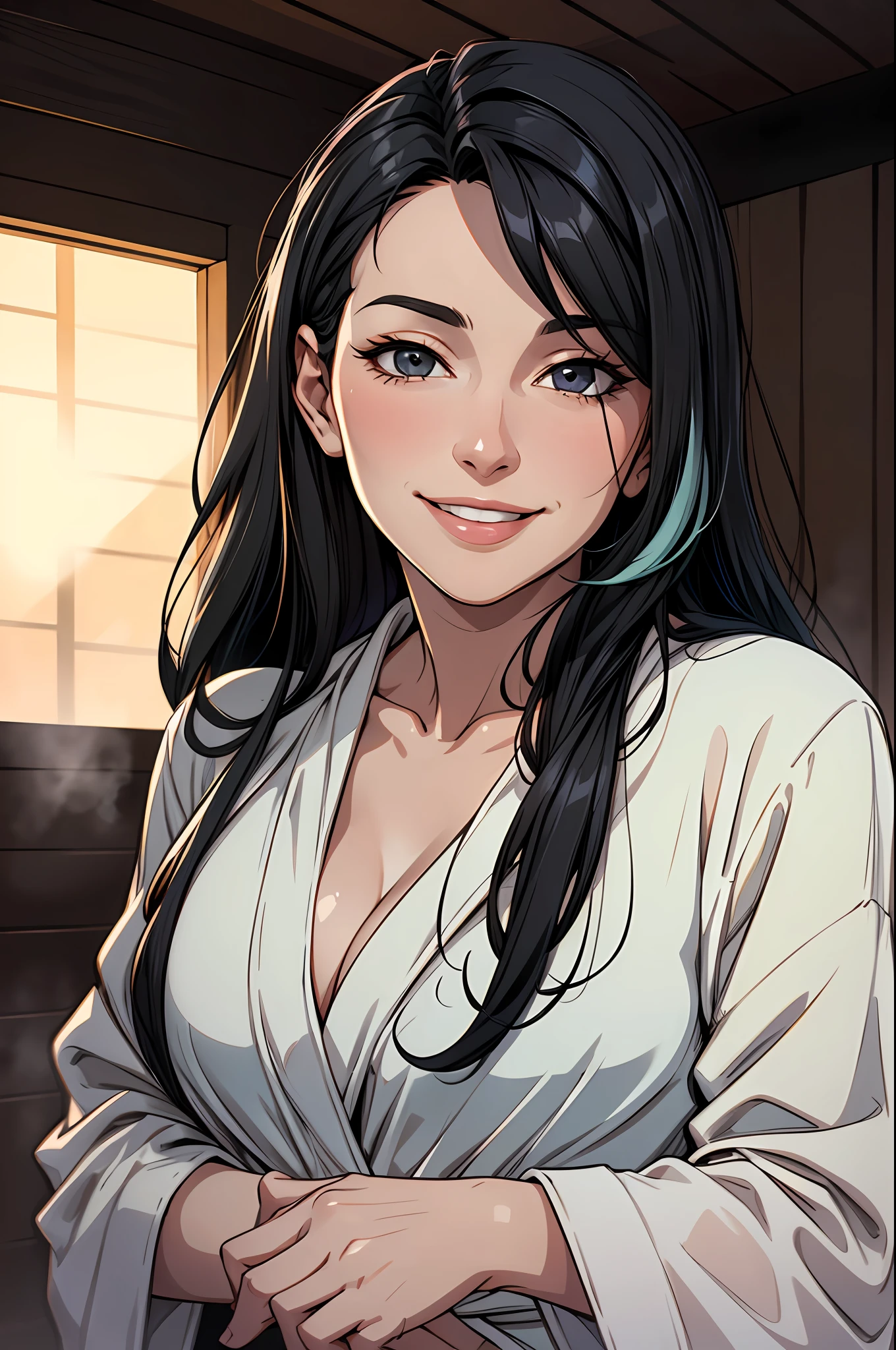 woman, (mature:1.3), smiling, looking at viewer, wearing a bathrobe, long black hair, sauna
dynamic lighting, two tone lighting, high contrast