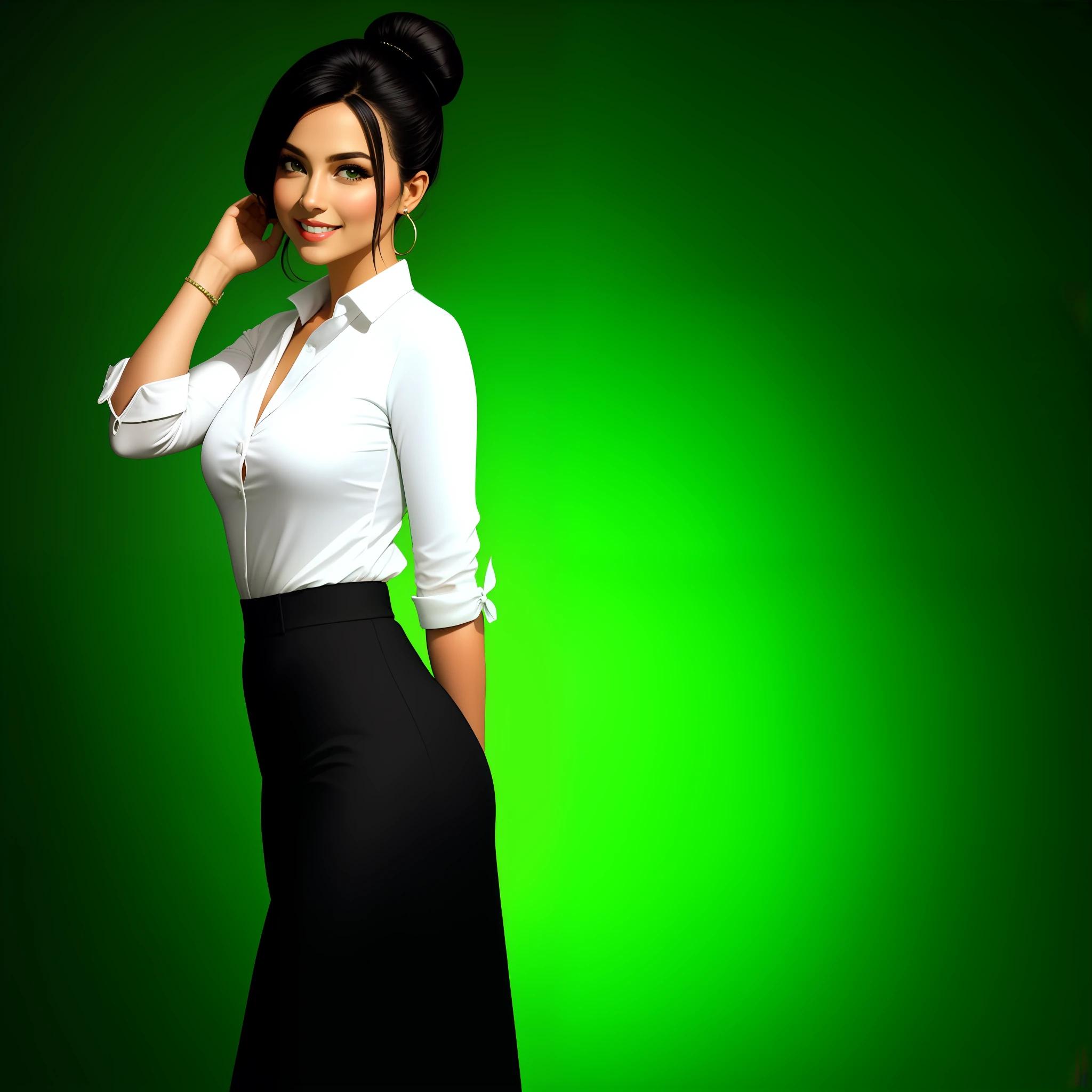 A captivating woman on a solid green background. She's the sole focus of the scene, and no distractions. Demonstrate confidence and professionalism, veste um terno elegante com blusa branca, saia preta e sapatos de salto alto. Your hair is in a sophisticated bun, Conveys fascination and charisma, while posing for a photo smiling in front of the camera.(definido contra um fundo verde minimalista)