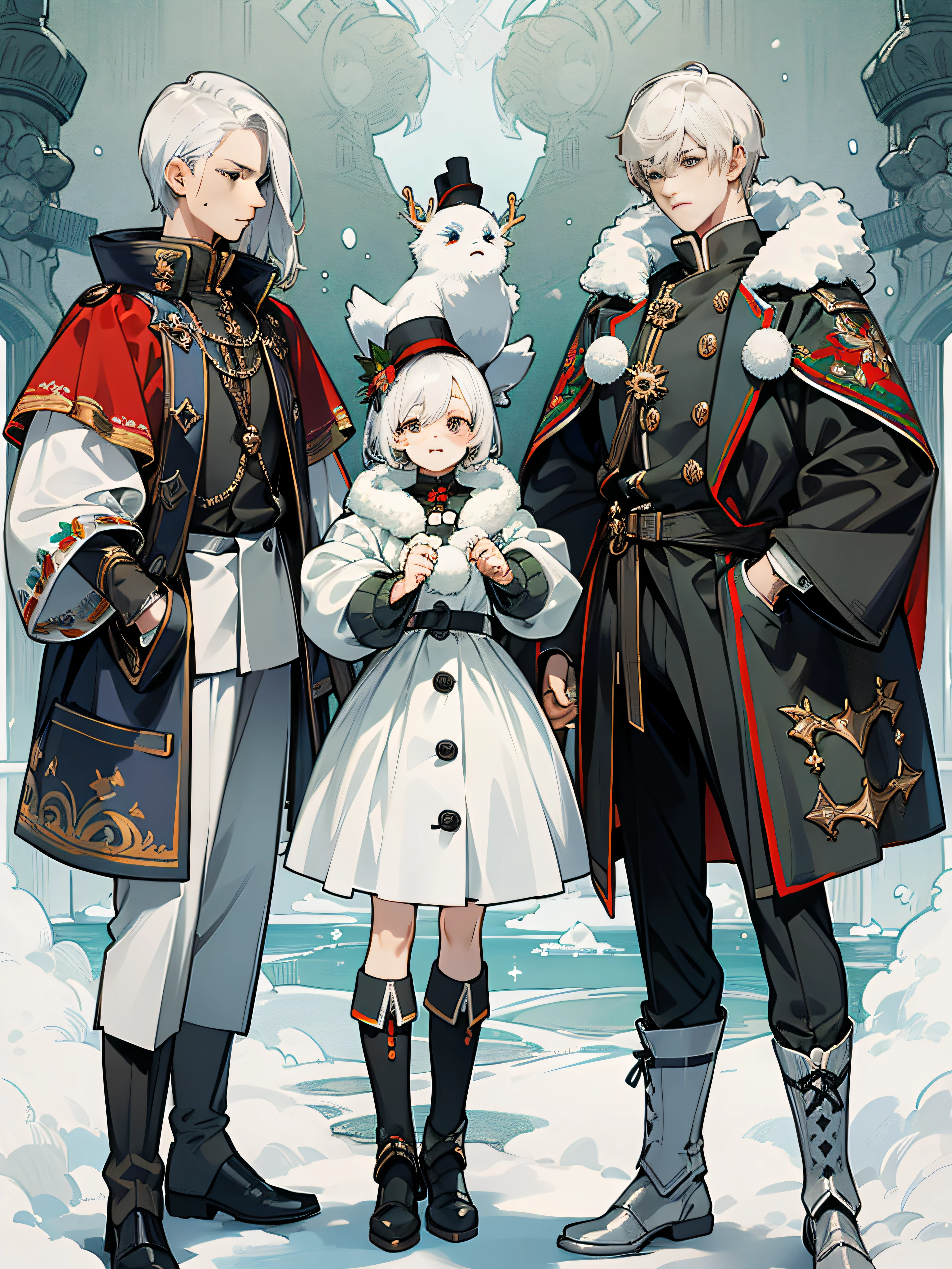 (masterpiece)、(top-quality)、(ultra-detailliert)、(White hair、short-haired、Long bangs、Bangs on the eyes)、illustratio、male people、One Man、Cool、Adult male、Full body composition、dynamicposes、Fashionable clothing、design concept、design sheet、Unique clothing、prinz、nobles、royalty、(Winters、snow country、blanche、north pole), ((No jacket))