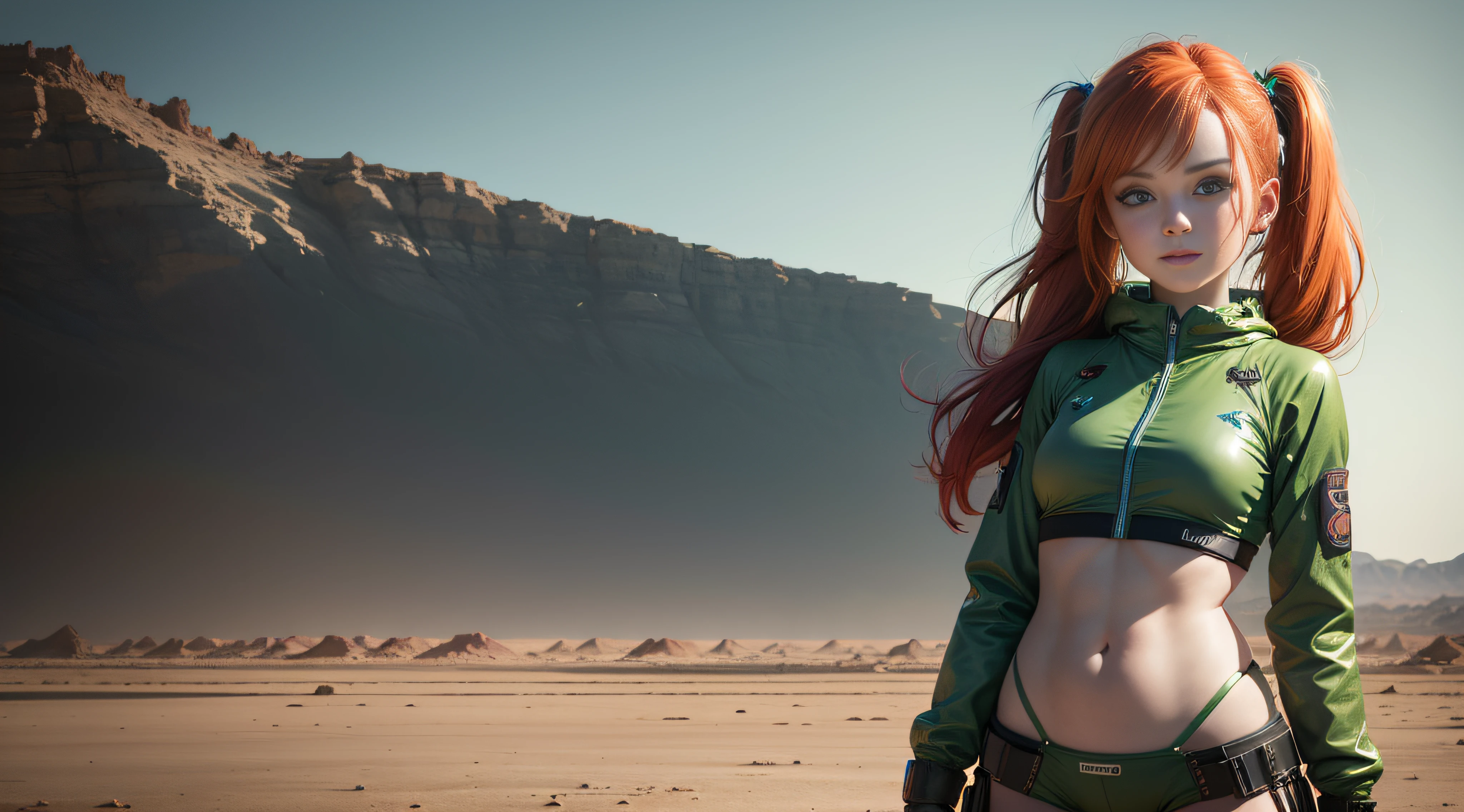 cute redhead woman in twin tails, multiple rainbow colored hair, sky-blue eyes, happy, Ukrainian, petite, pale skin, wearing a green metallic color bikini, post apocalyptic background, bleak barren desert, photo realistic woman. --auto